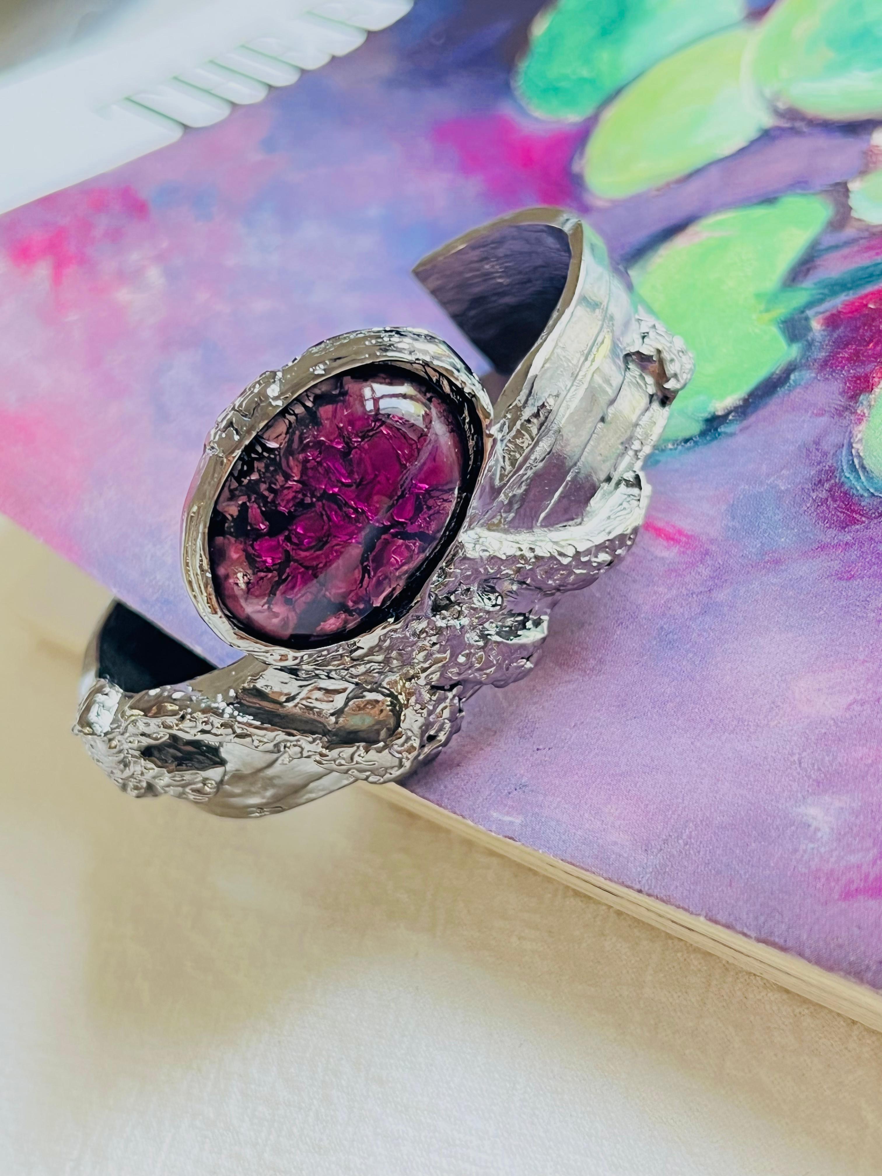 Art Déco Yves Saint Laurent YSL Arty Ametista Viola Cabochon Bracciale Nero Argento in vendita