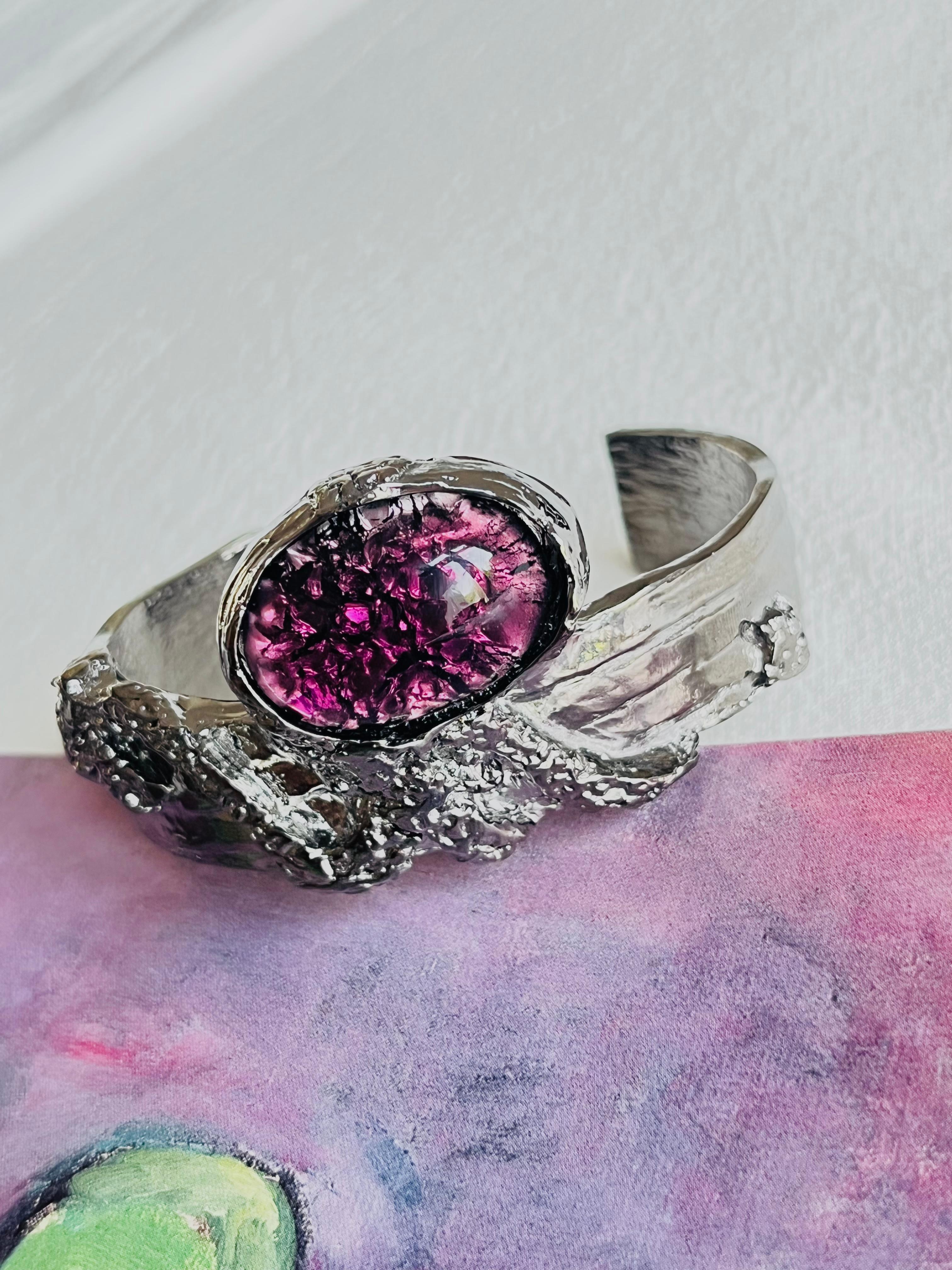 Women's or Men's Yves Saint Laurent YSL Arty Amethyst Purple Cabochon Black Silver Cuff Bracelet