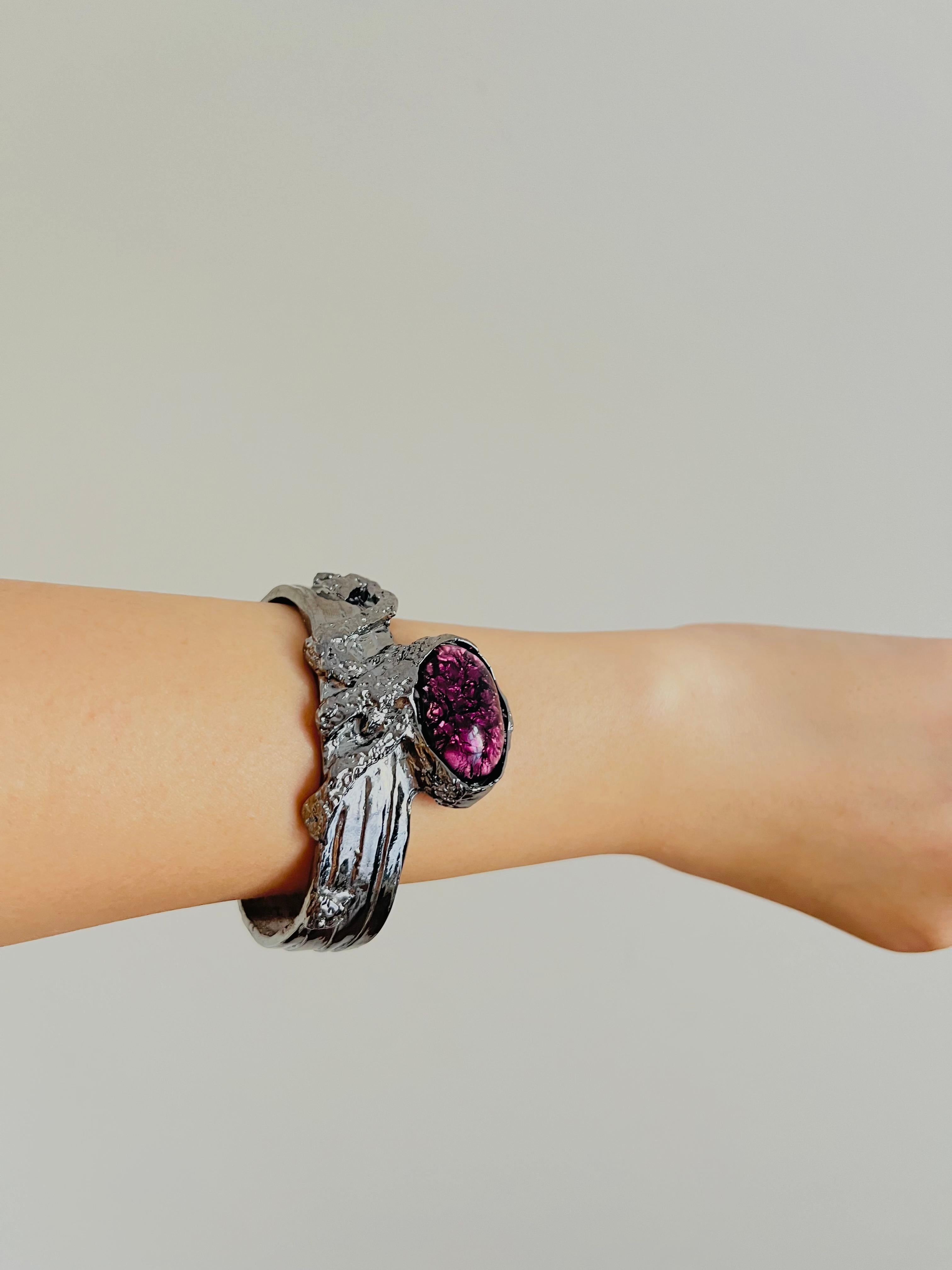 Yves Saint Laurent YSL Arty Ametista Viola Cabochon Bracciale Nero Argento in vendita 1