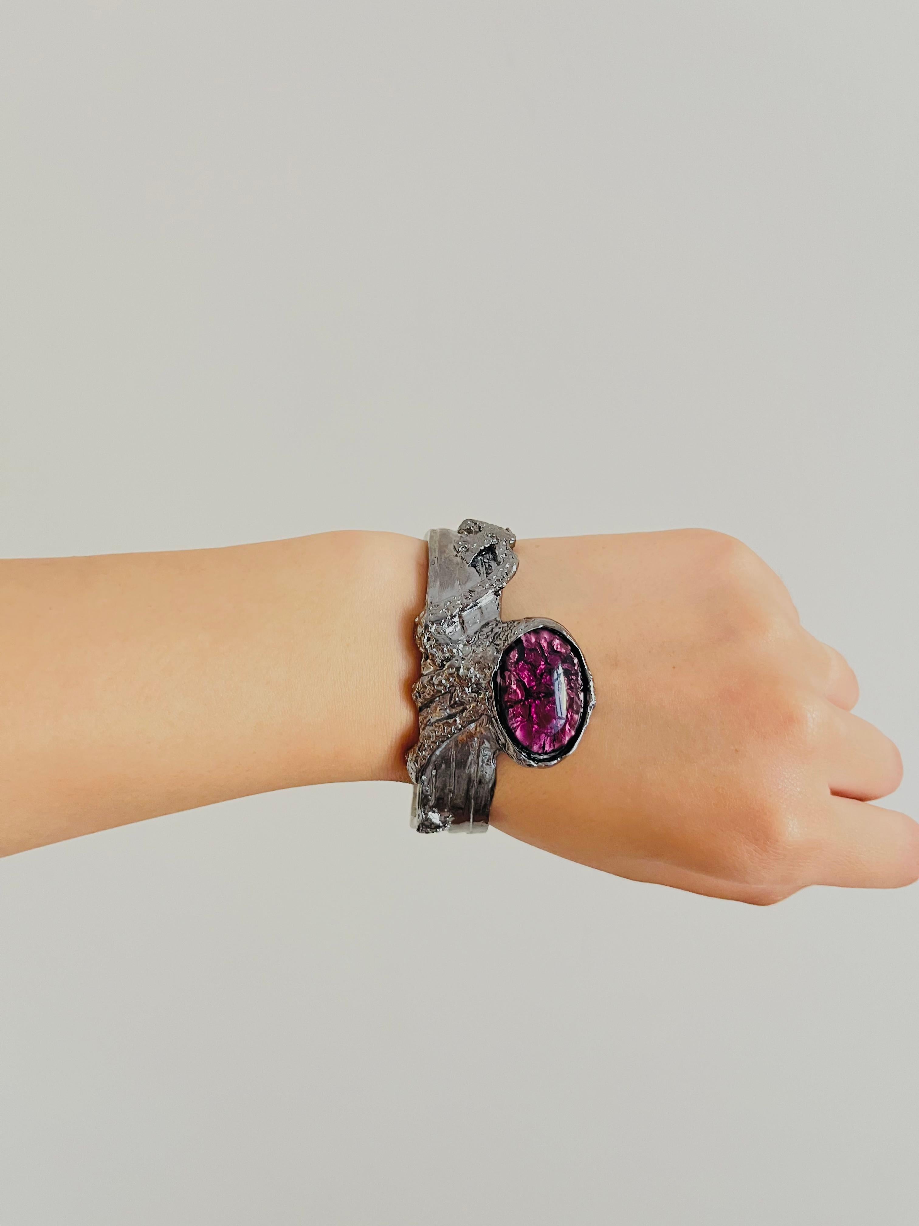 Yves Saint Laurent YSL Arty Ametista Viola Cabochon Bracciale Nero Argento in vendita 2