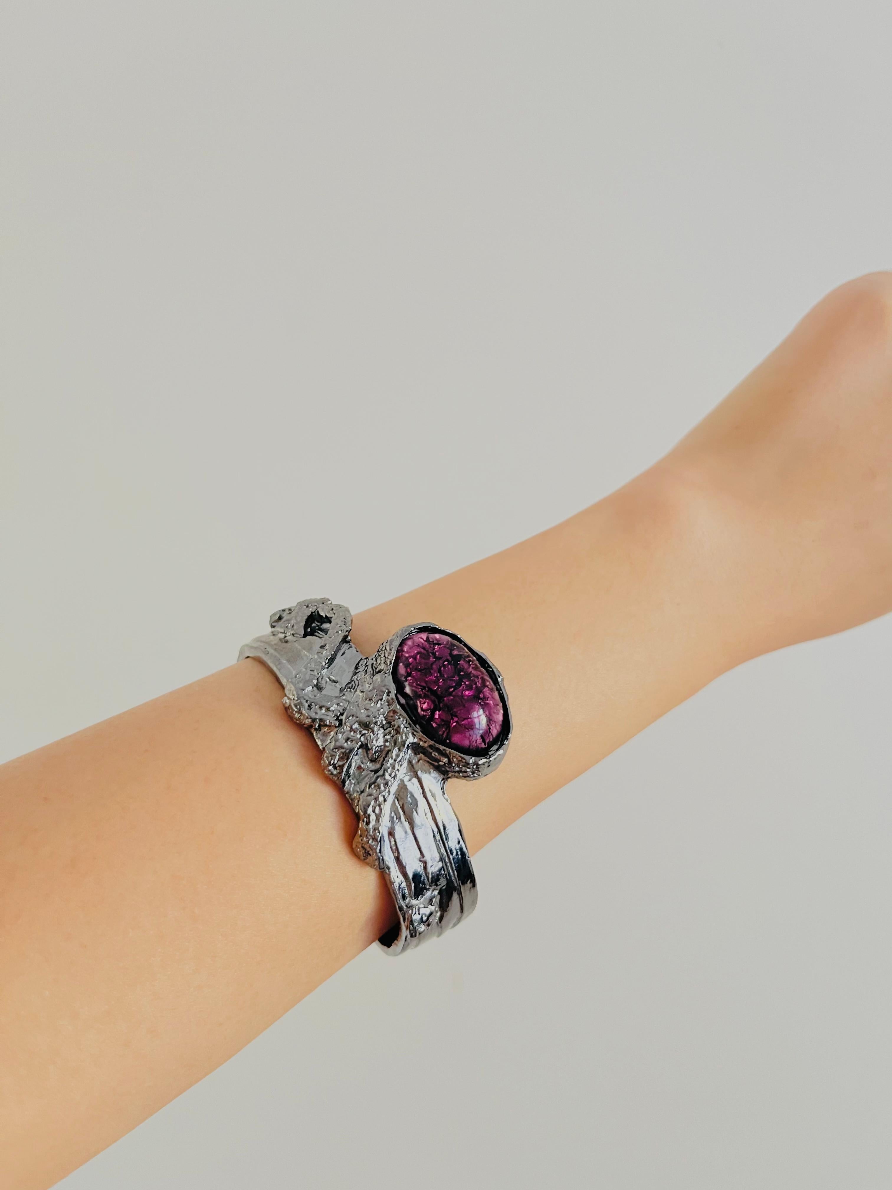 Yves Saint Laurent YSL Arty Ametista Viola Cabochon Bracciale Nero Argento in vendita 4