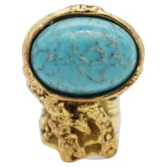 Yves Saint Laurent YSL Arty Aqua Blue Turquoise Statement Gold Ring, Size 7