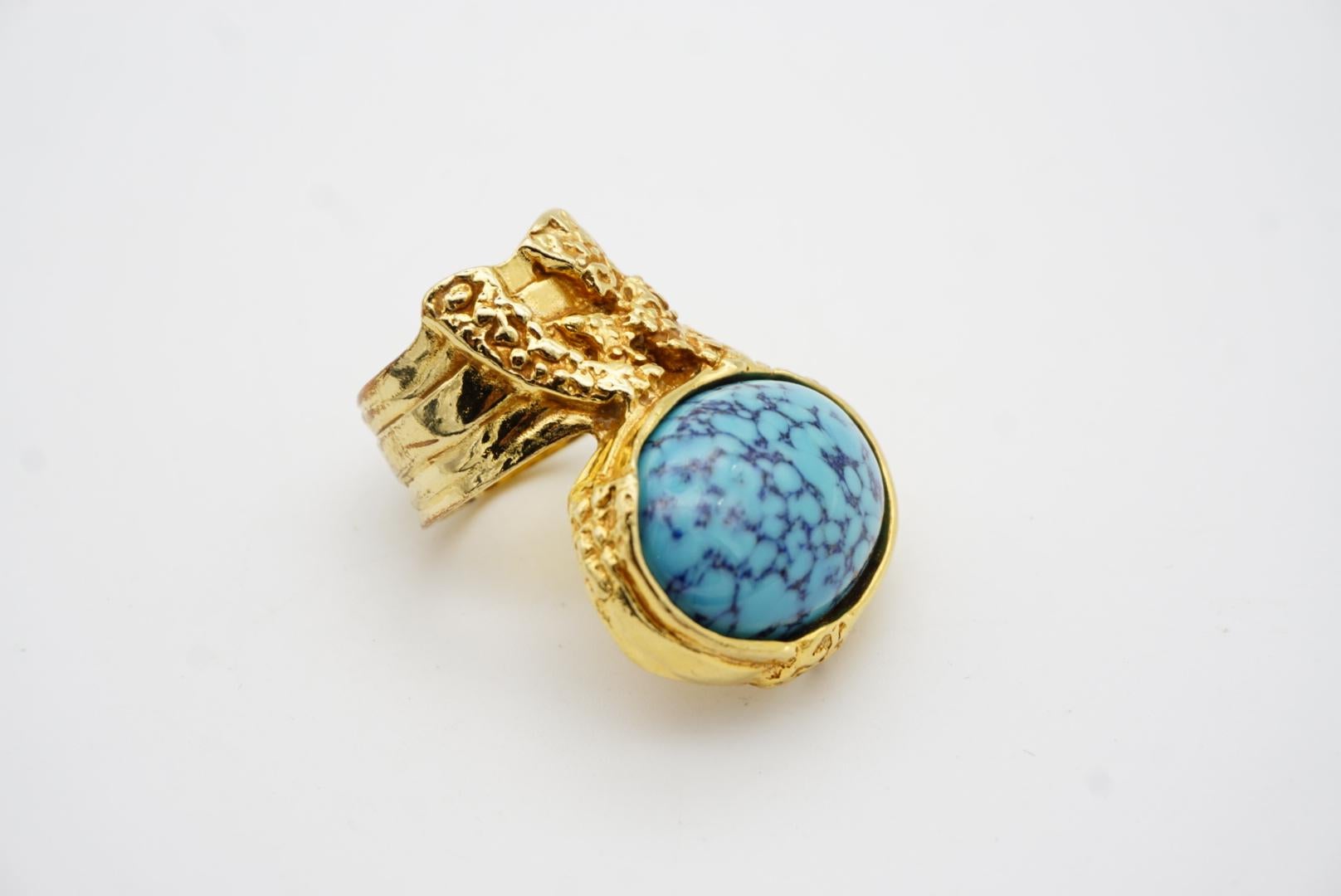 Yves Saint Laurent YSL Arty Aqua Sky Blue Turquoise Statement Gold Ring, Size 8 3