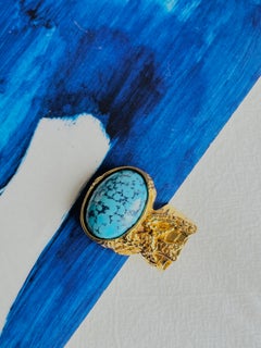 Yves Saint Laurent YSL Arty Aqua Sky Blue Turquoise Statement Gold Ring, Size 8