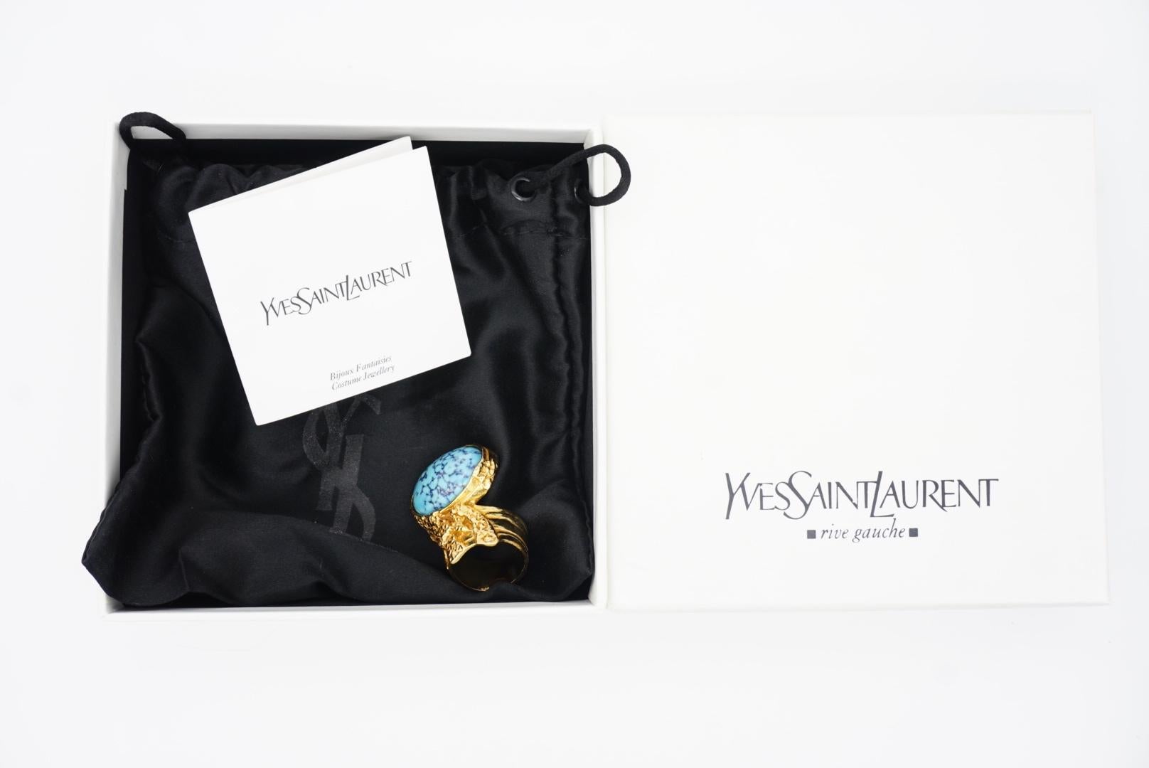 Yves Saint Laurent YSL Arty Aqua Sky Blue Turquoise Statement Gold Ring, Size 8 In Excellent Condition In Wokingham, England