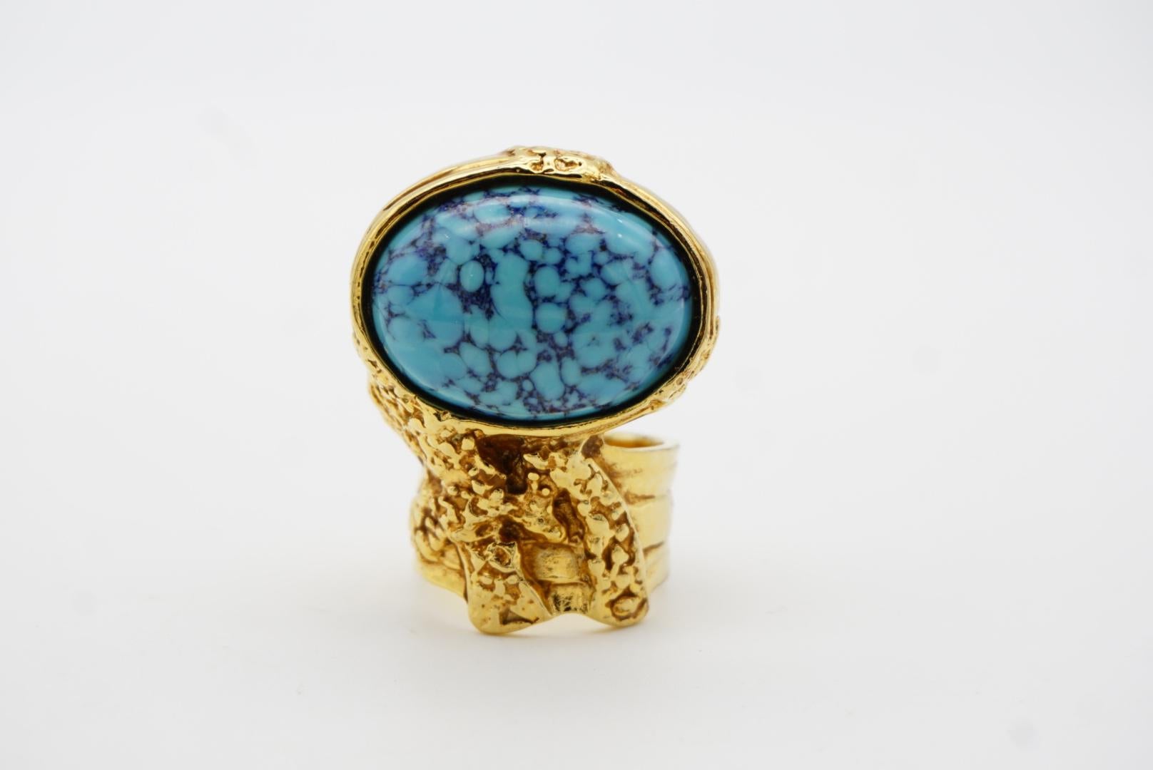 Women's or Men's Yves Saint Laurent YSL Arty Aqua Sky Blue Turquoise Statement Gold Ring, Size 8