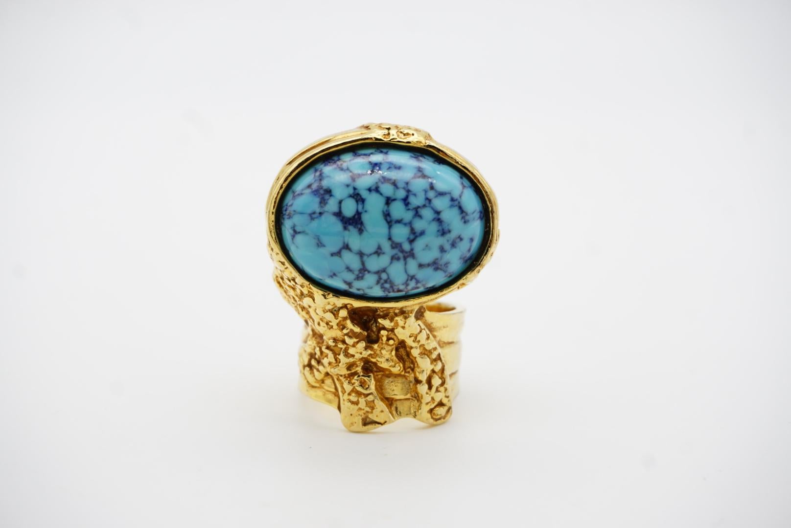 Yves Saint Laurent YSL Arty Aqua Sky Blue Turquoise Statement Gold Ring, Size 8 1