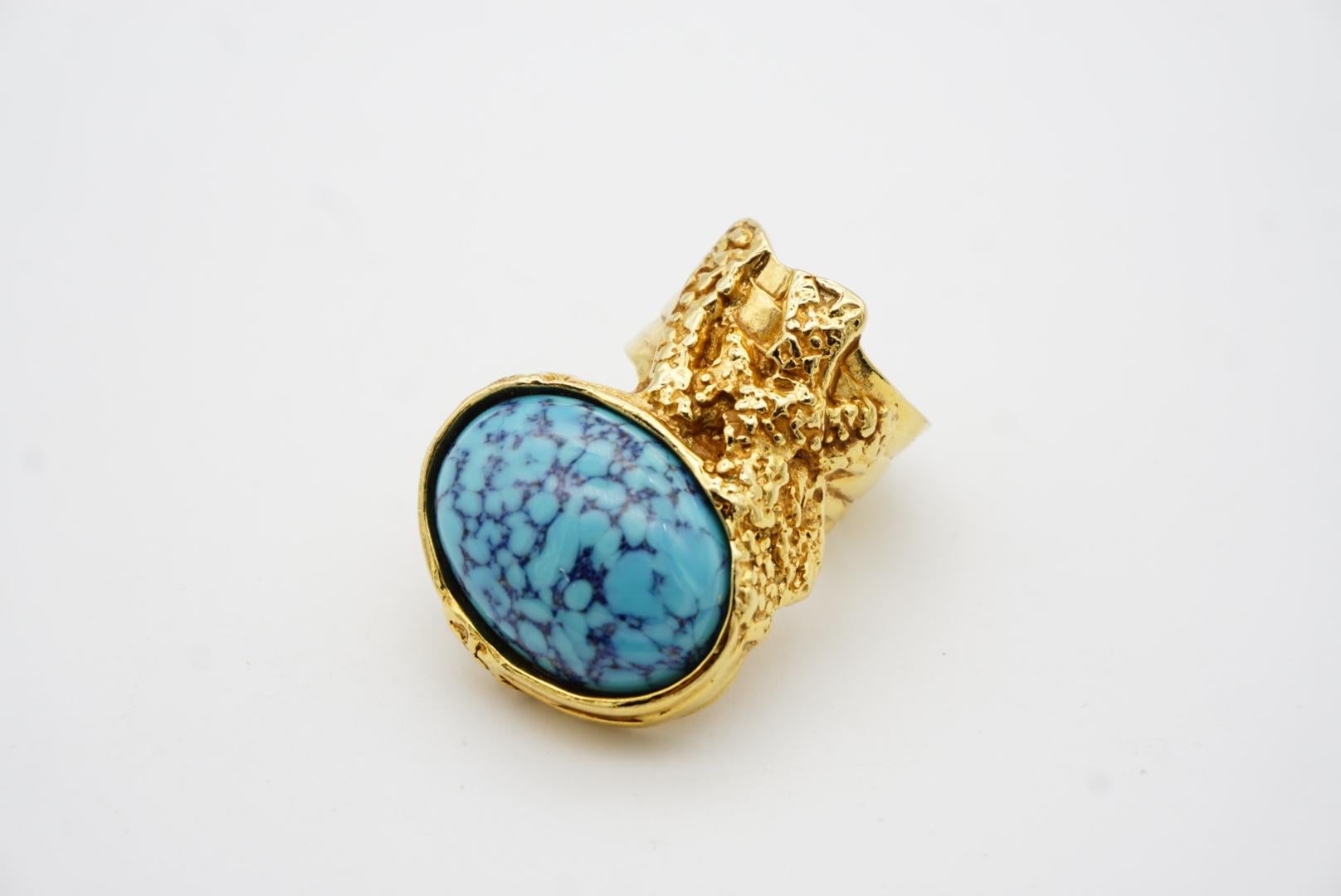 Yves Saint Laurent YSL Arty Aqua Sky Blue Turquoise Statement Gold Ring, Size 8 2