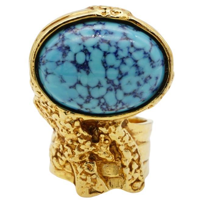 Yves Saint Laurent YSL Arty Aqua Sky Blue Turquoise Statement Gold Ring, Size 8