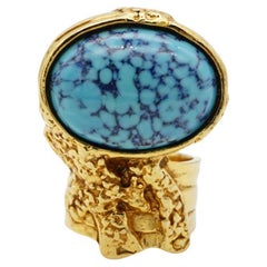 Yves Saint Laurent YSL Arty Aqua Sky Blue Turquoise Statement Gold Ring, Size 8