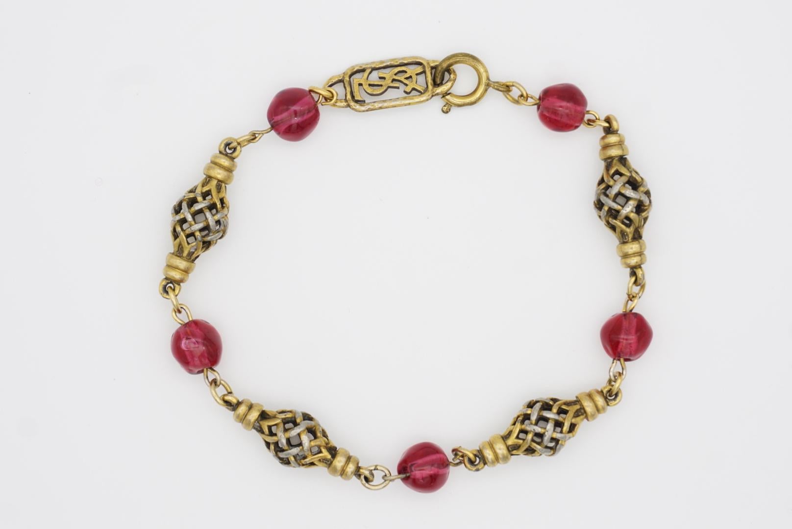 Yves Saint Laurent YSL Arty Beaded Clear Ruby Ball Openwork Interlink Bracelet For Sale 5