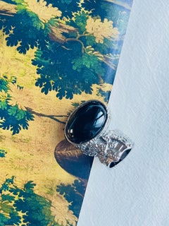 Yves Saint Laurent YSL Arty Black Cabochon Chunky Statement Silver Ring, Size 6