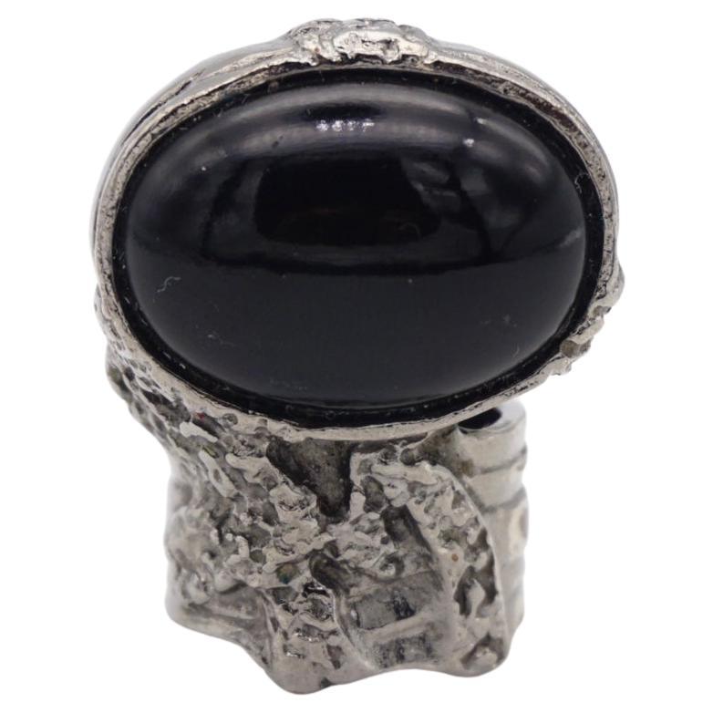 Yves Saint Laurent YSL Arty Black Cabochon Chunky Statement Silver Ring, Size 6