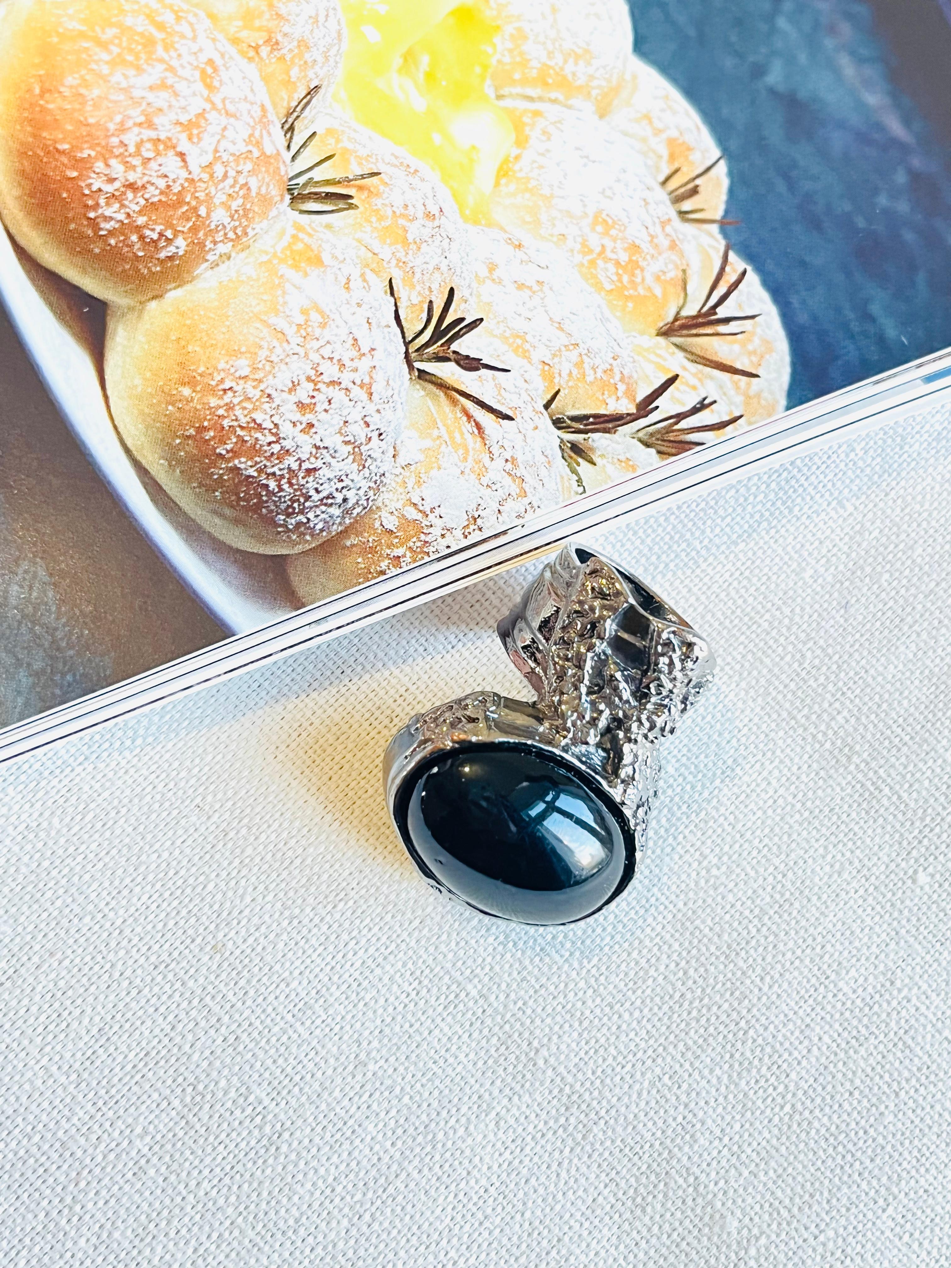Art Deco Yves Saint Laurent YSL Arty Black Cabochon Enamel Statement Silver Ring, Size 6