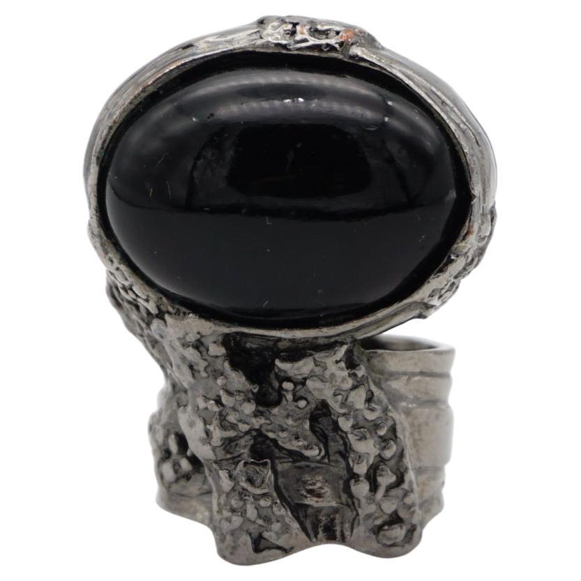 Yves Saint Laurent YSL Arty Black Cabochon Statement Chunky Silver Ring, Size 8