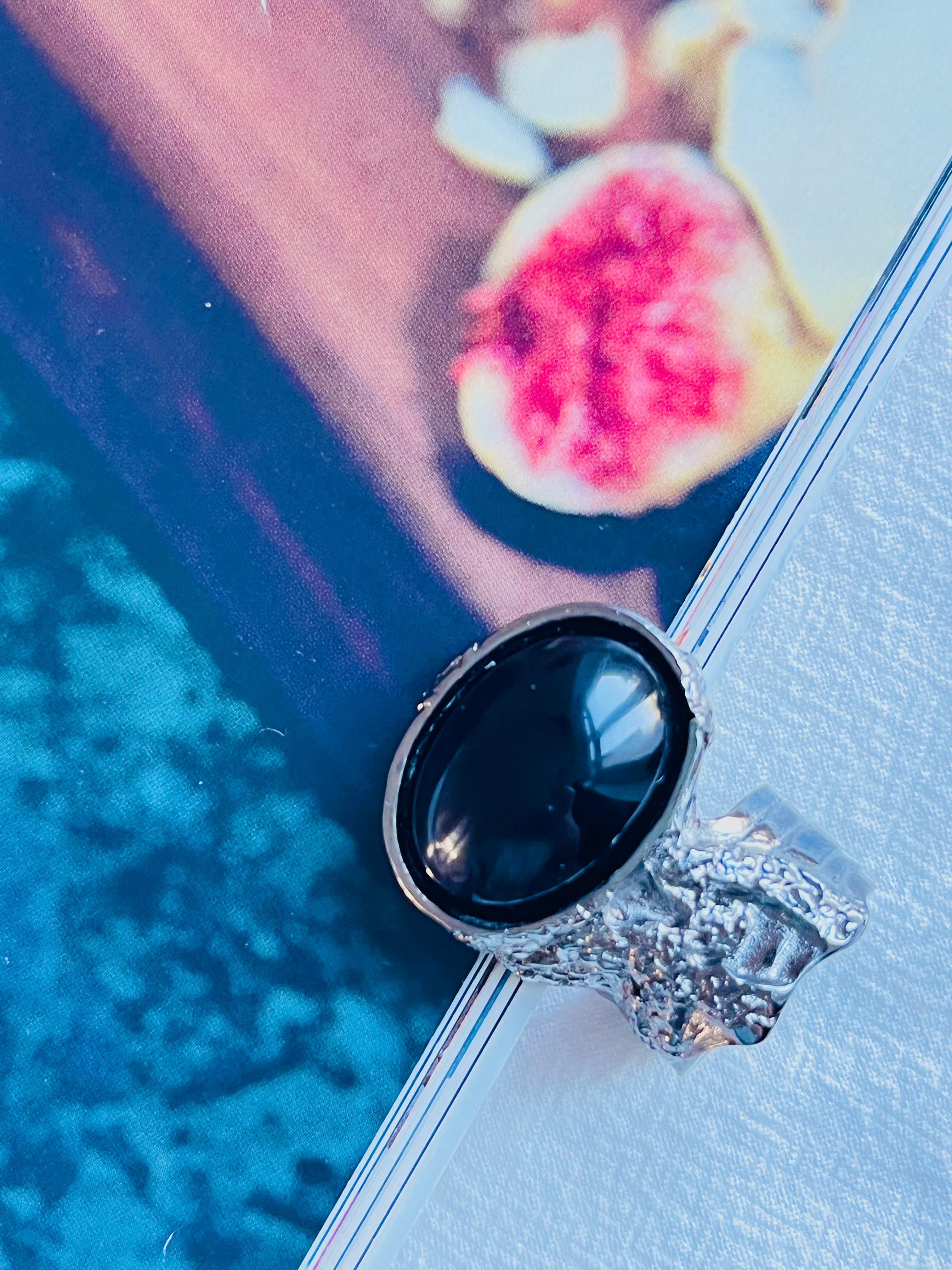 Artisan Yves Saint Laurent YSL Arty Black Chunky Statement Cabochon Silver Ring Size 8 For Sale