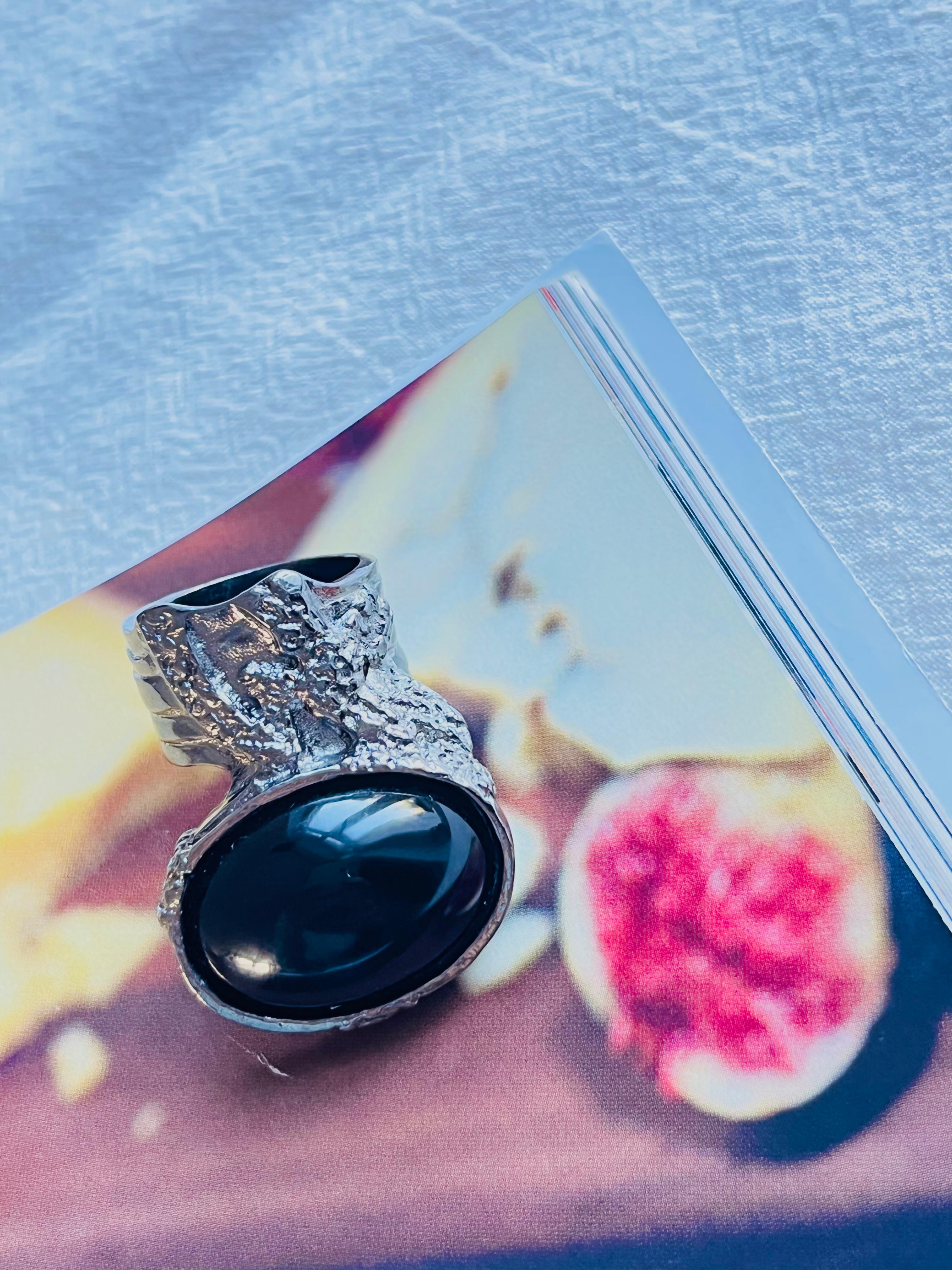 Artigiano Yves Saint Laurent YSL Arty Black Chunky Statement Cabochon Silver Ring Taglia 8 in vendita