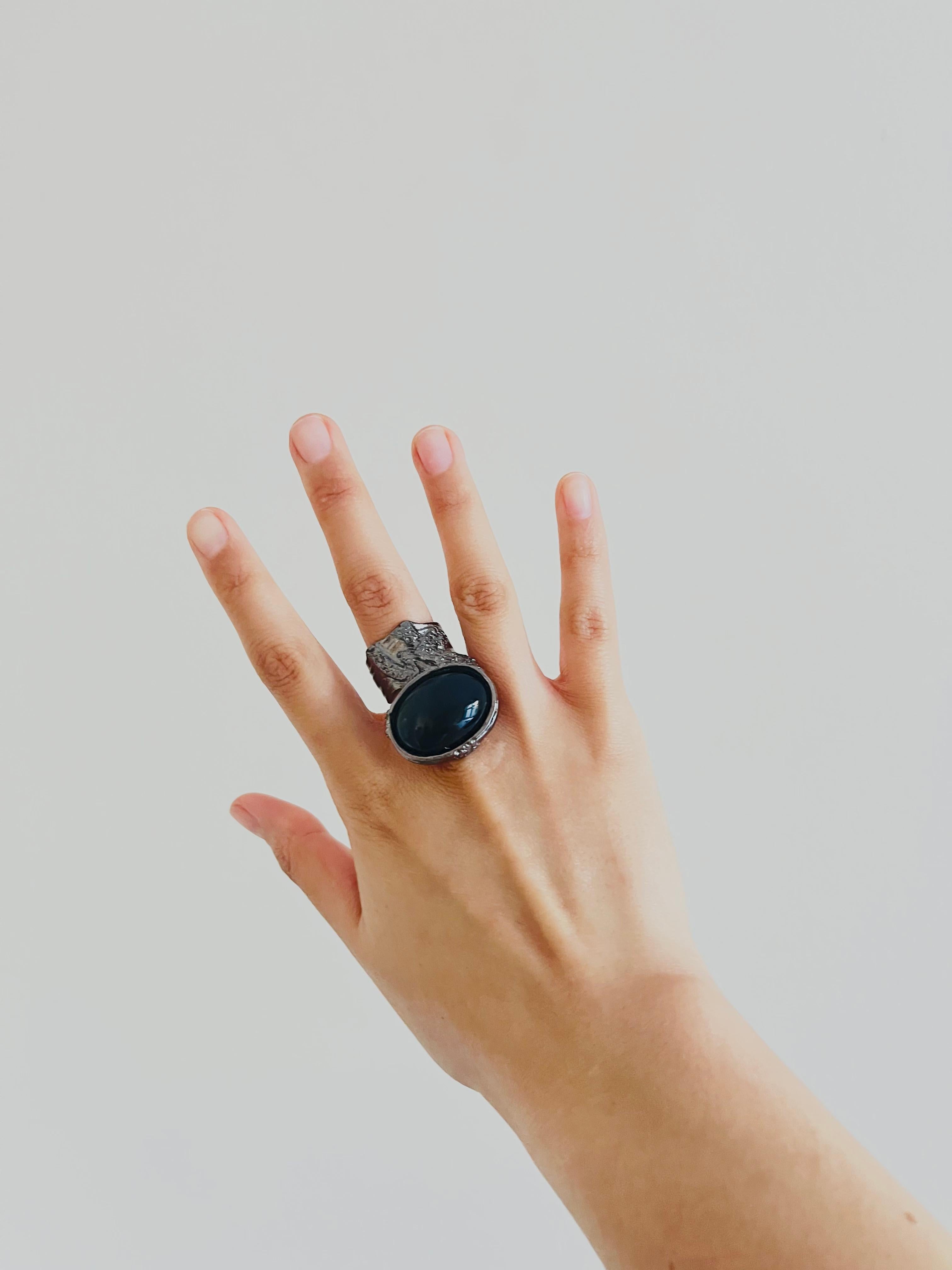 Yves Saint Laurent YSL Arty Black Chunky Statement Cabochon Silver Ring Taglia 8 in vendita 1