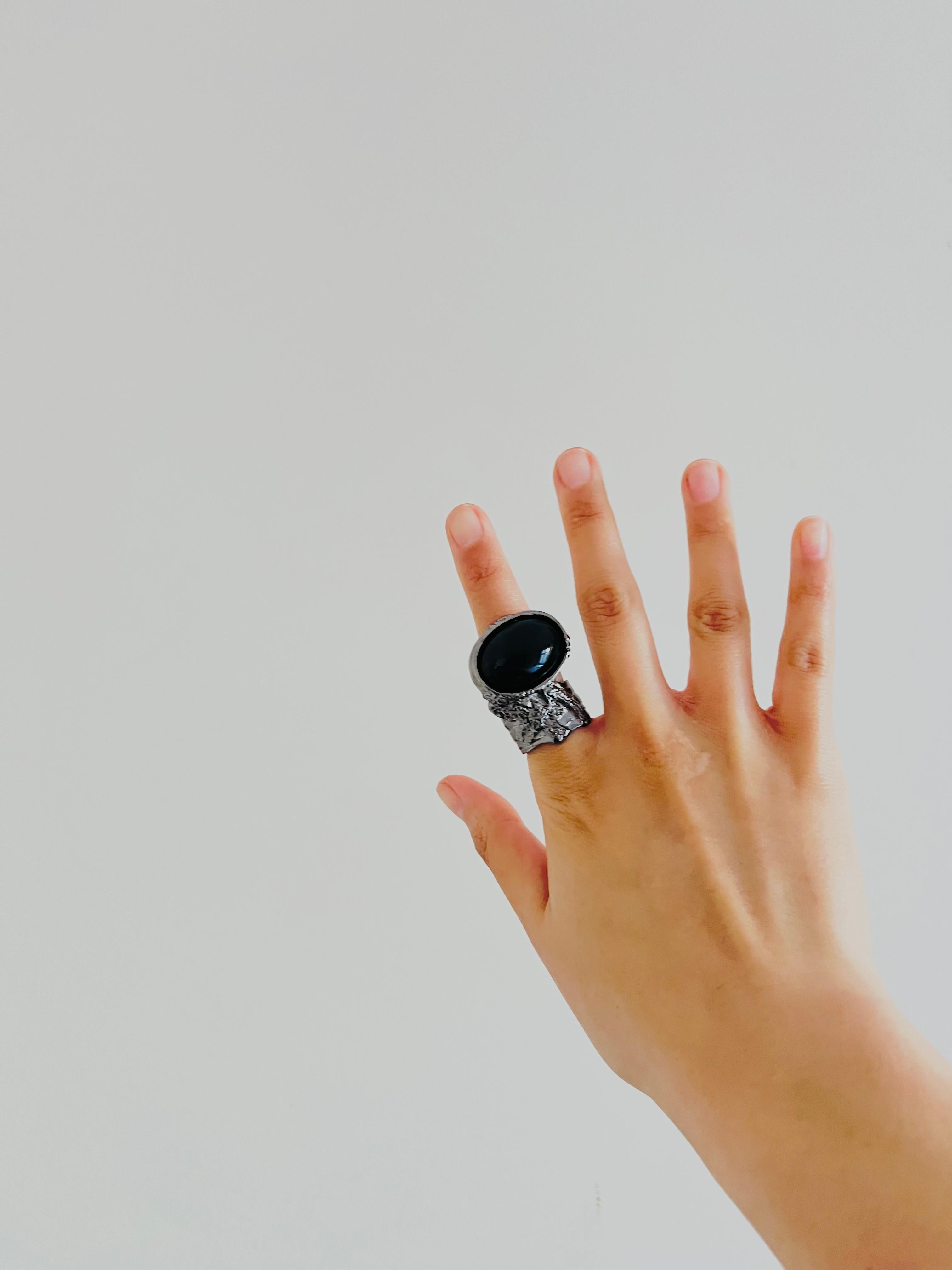 Yves Saint Laurent YSL Arty Black Chunky Statement Cabochon Silver Ring Taglia 8 in vendita 2