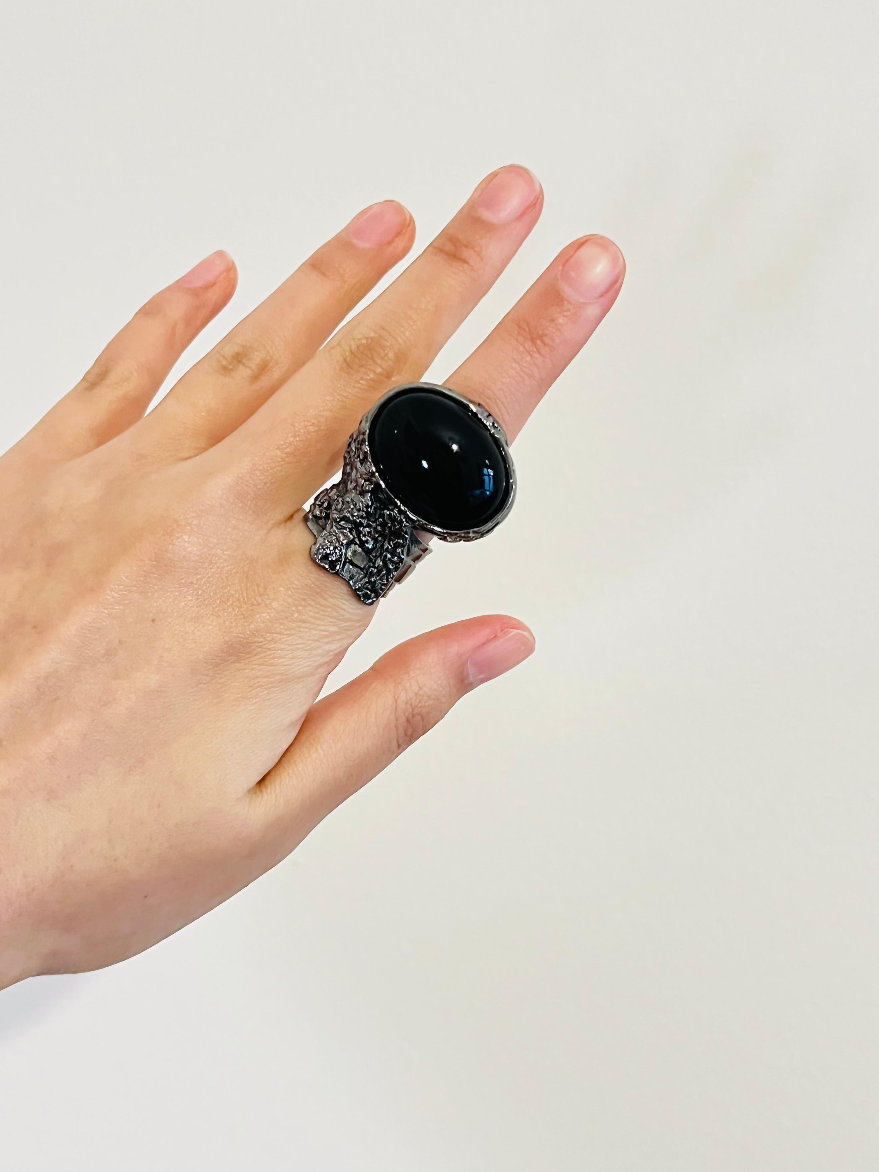 Hellenistic Yves Saint Laurent YSL Arty Black Enamel Statement Cocktail Silver Ring, Size 6 For Sale