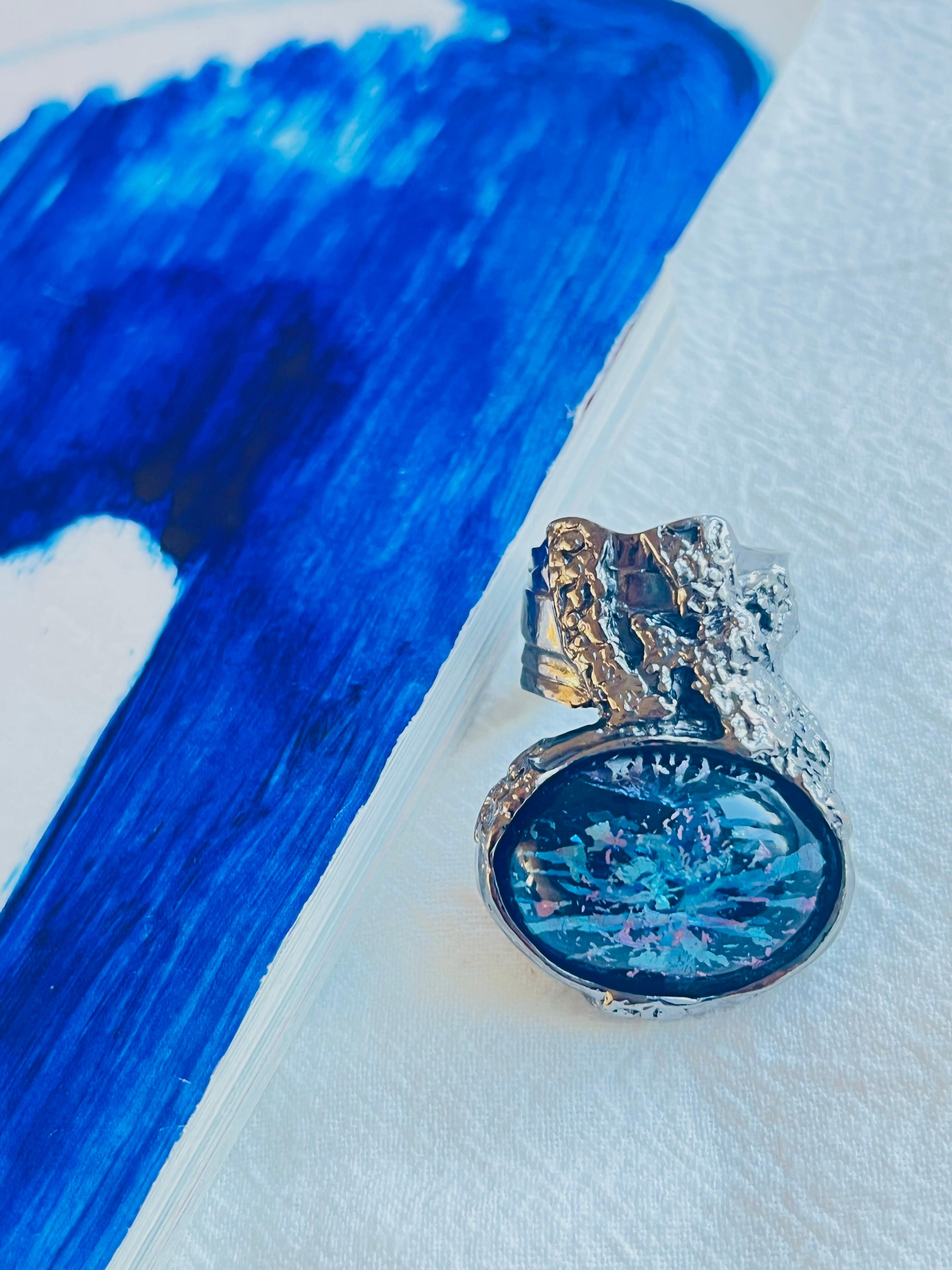 Art Nouveau Yves Saint Laurent YSL Arty  Blue Black Clear Icy Cabochon Statement Ring, US 8 For Sale
