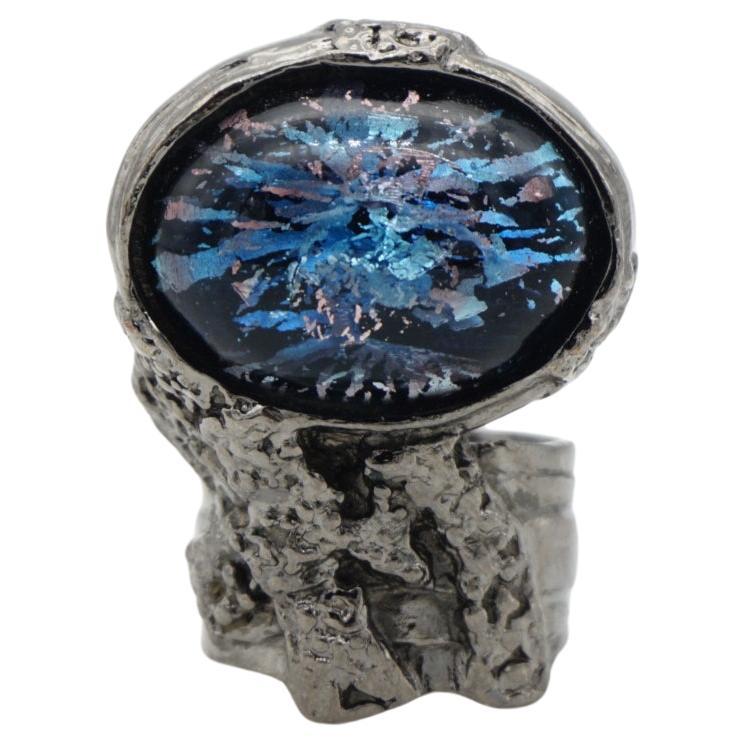 Yves Saint Laurent YSL Arty  Blue Black Clear Icy Cabochon Statement Ring, US 8 For Sale