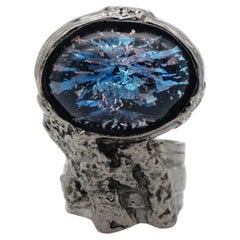 Yves Saint Laurent YSL Arty  Blue Black Clear Icy Cabochon Statement Ring, US 8