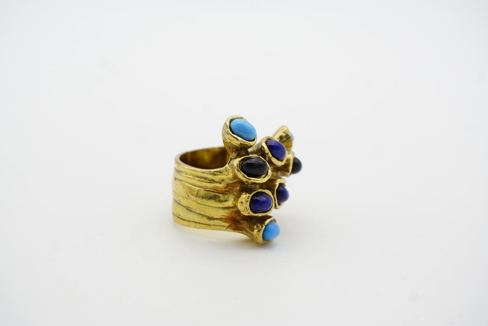 Yves Saint Laurent YSL Arty Blue Navy Black Dots Enamel Chunky Gold Ring, US 8 For Sale 6
