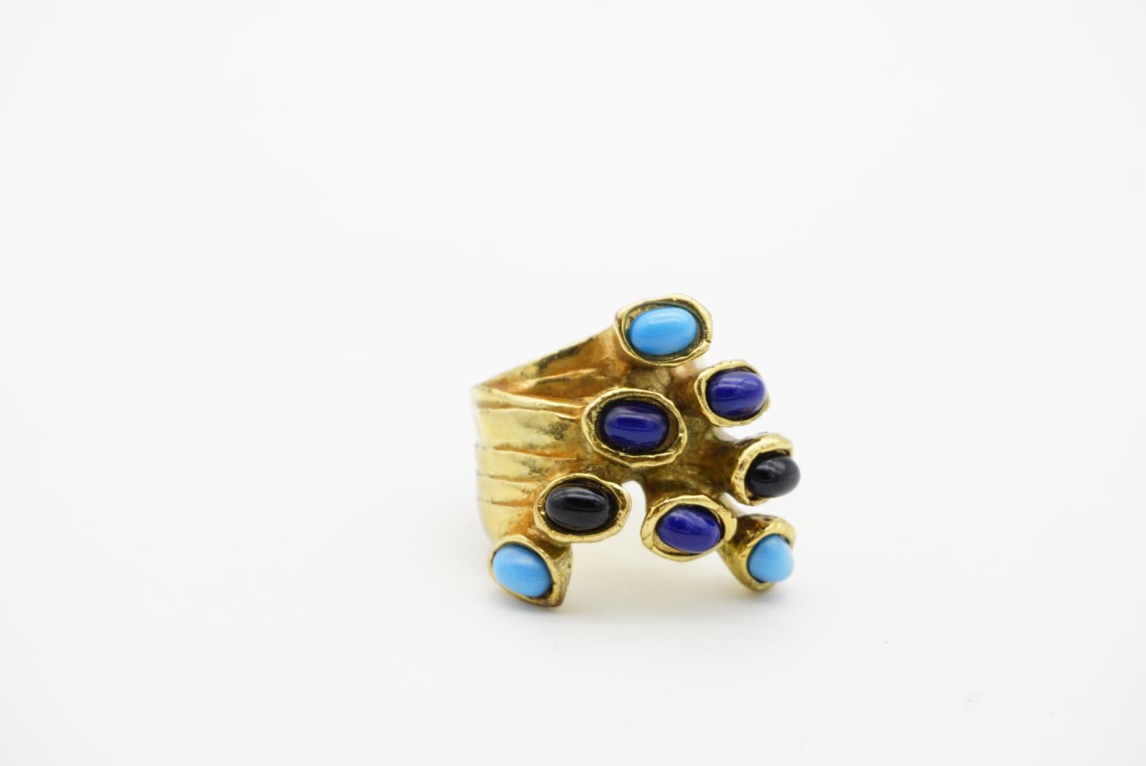 Yves Saint Laurent YSL Arty Blue Navy Black Dots Enamel Chunky Gold Ring, US 8 en vente 7