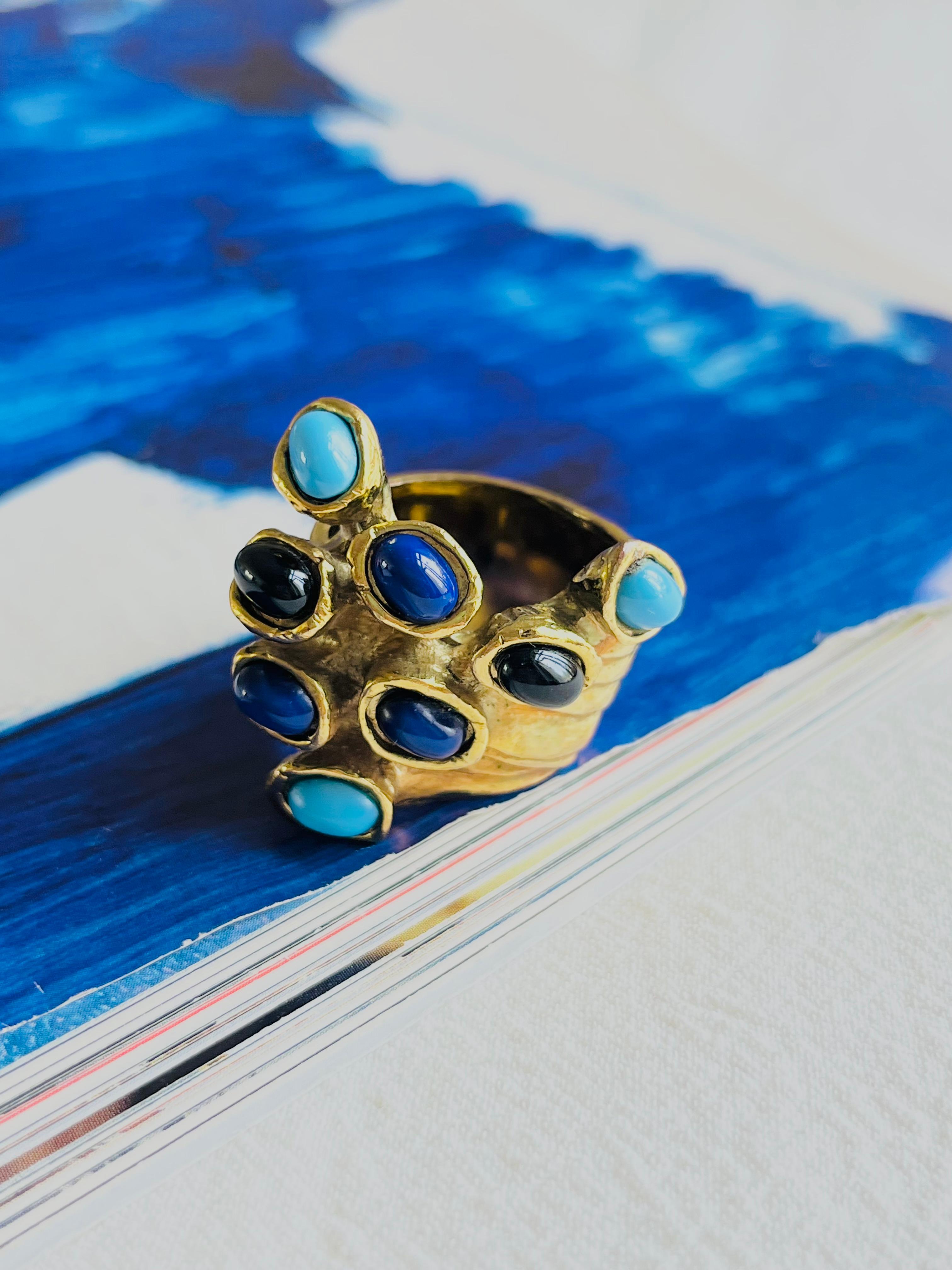 Yves Saint Laurent YSL Arty Blau Marineblauer und schwarzer Emaille Chunky Goldring mit Punkten, US 8 (Art déco) im Angebot