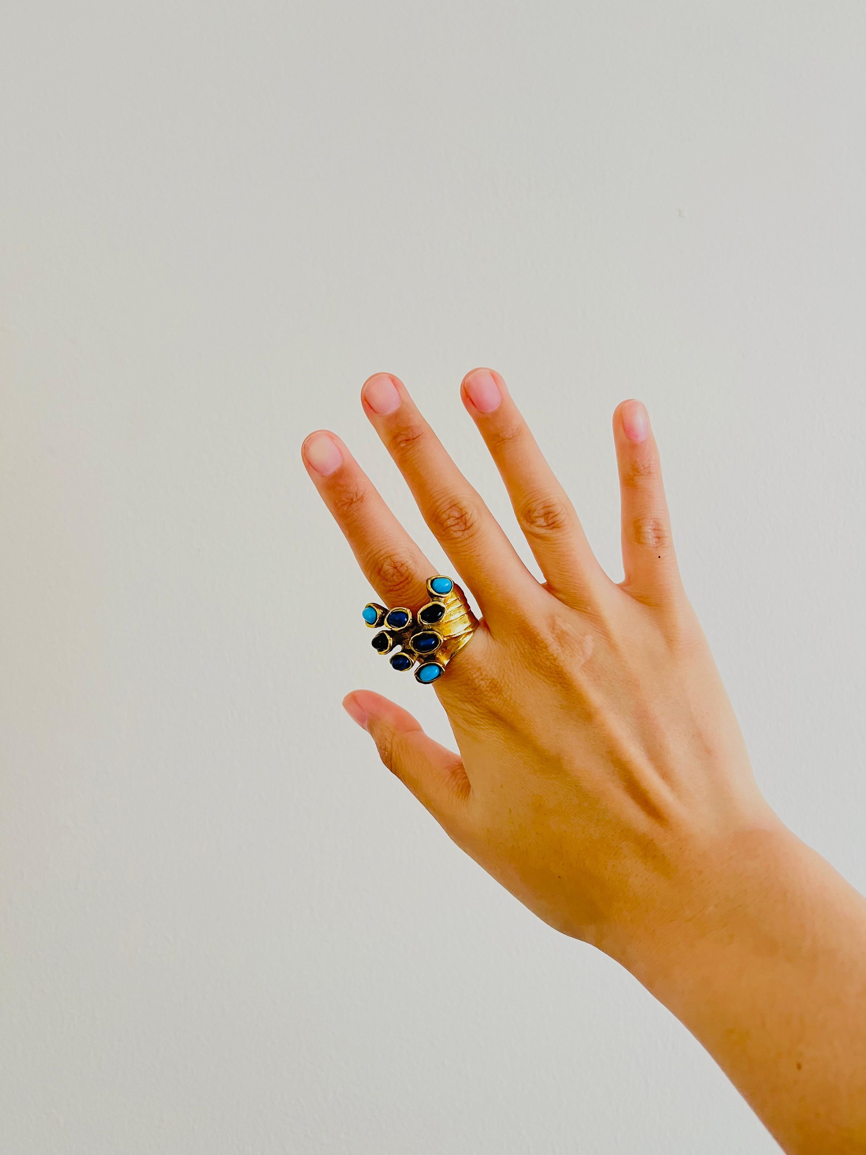 Women's or Men's Yves Saint Laurent YSL Arty Blue Navy Black Dots Enamel Chunky Gold Ring, US 8 For Sale
