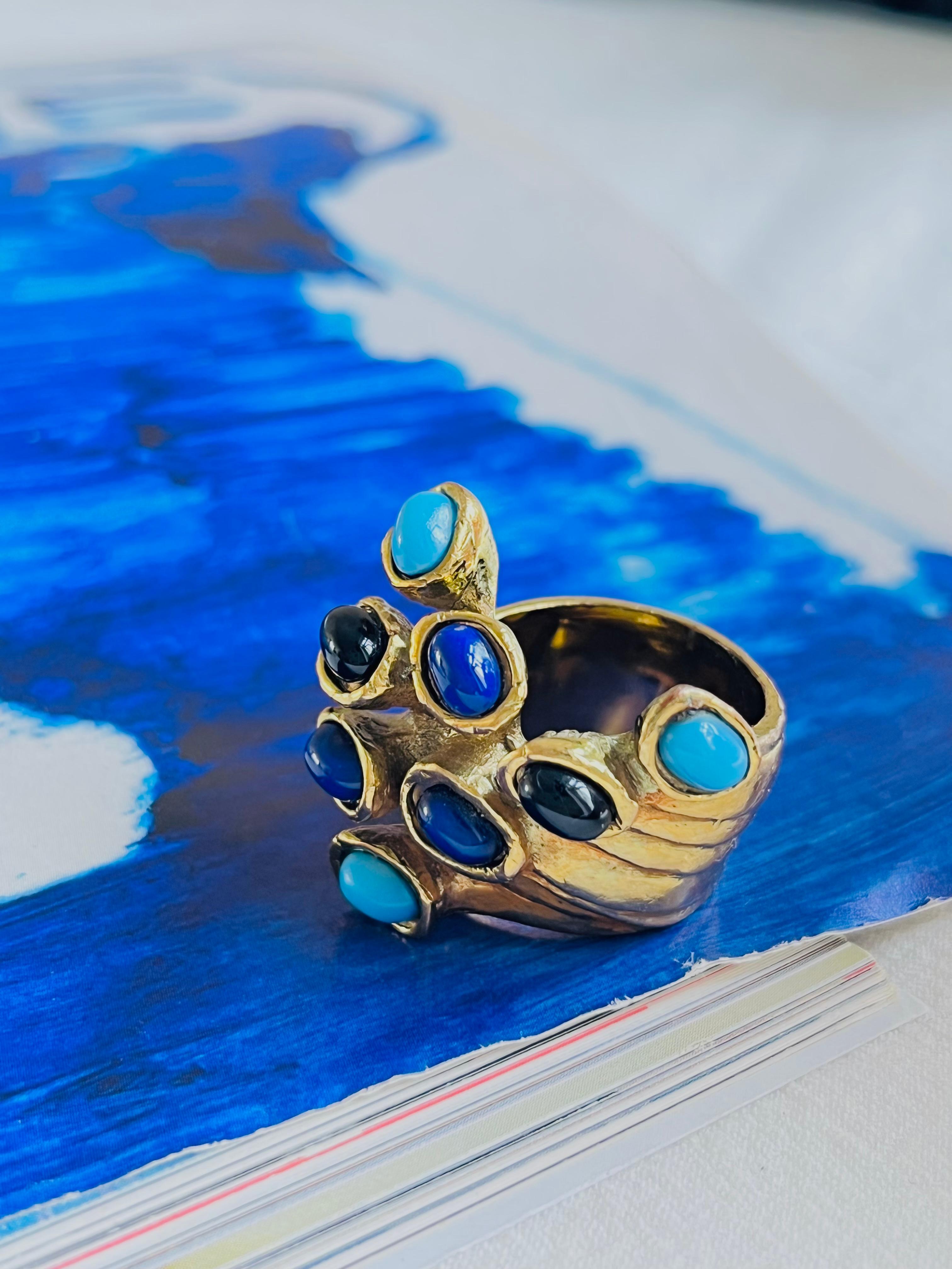 Yves Saint Laurent YSL Arty Blau Marineblauer und schwarzer Emaille Chunky Goldring mit Punkten, US 8 für Damen oder Herren im Angebot
