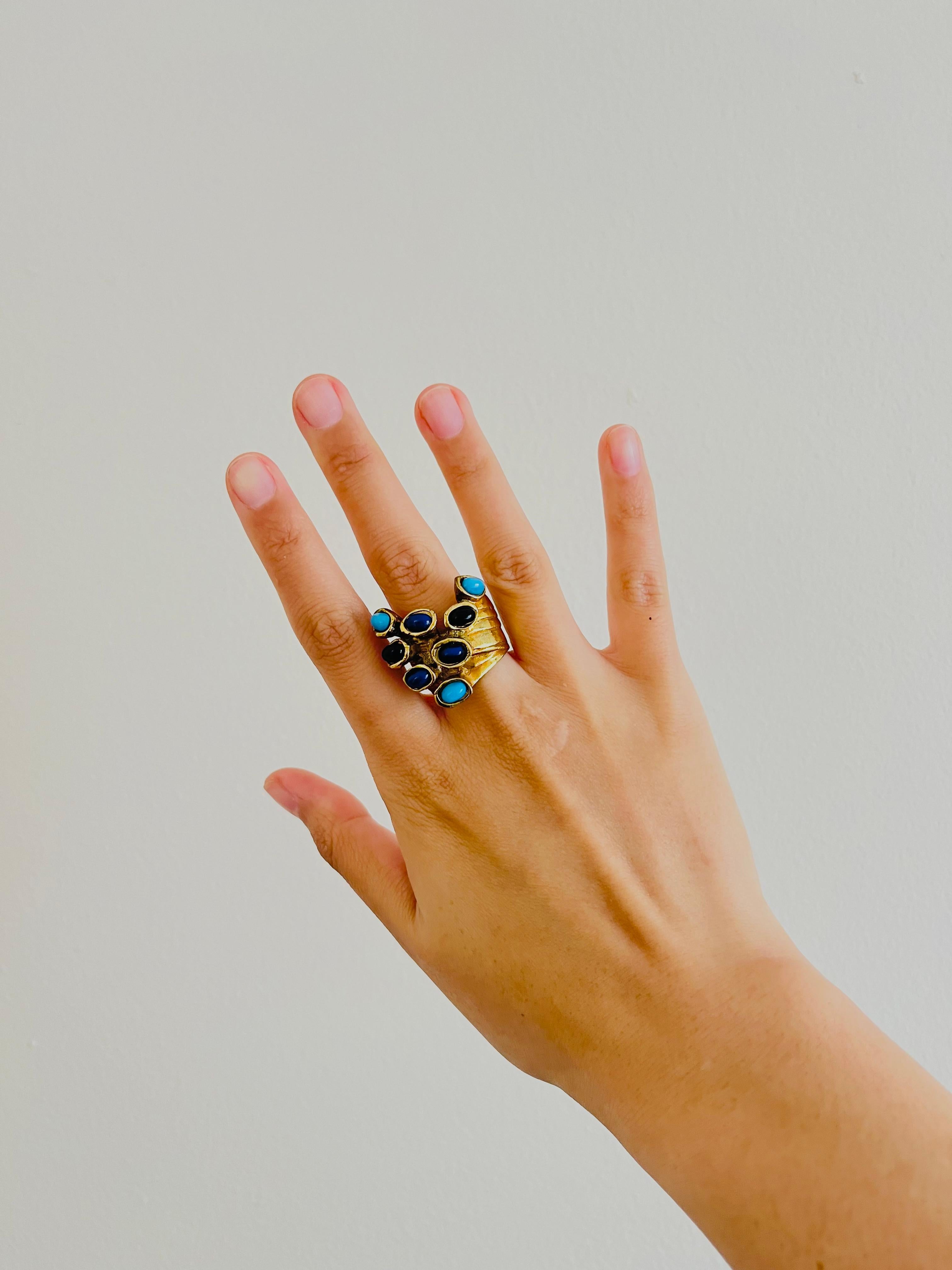 Yves Saint Laurent YSL Arty Blue Navy Black Dots Enamel Chunky Gold Ring, US 8 en vente 2