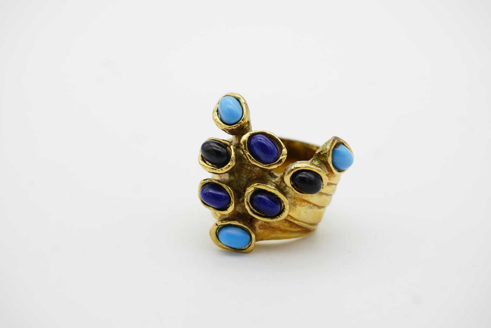 Yves Saint Laurent YSL Arty Blue Navy Black Dots Enamel Chunky Gold Ring, US 8 en vente 3