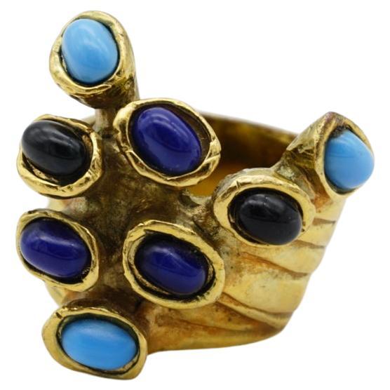 Yves Saint Laurent YSL Arty Blue Navy Black Dots Enamel Chunky Gold Ring, US 8 For Sale