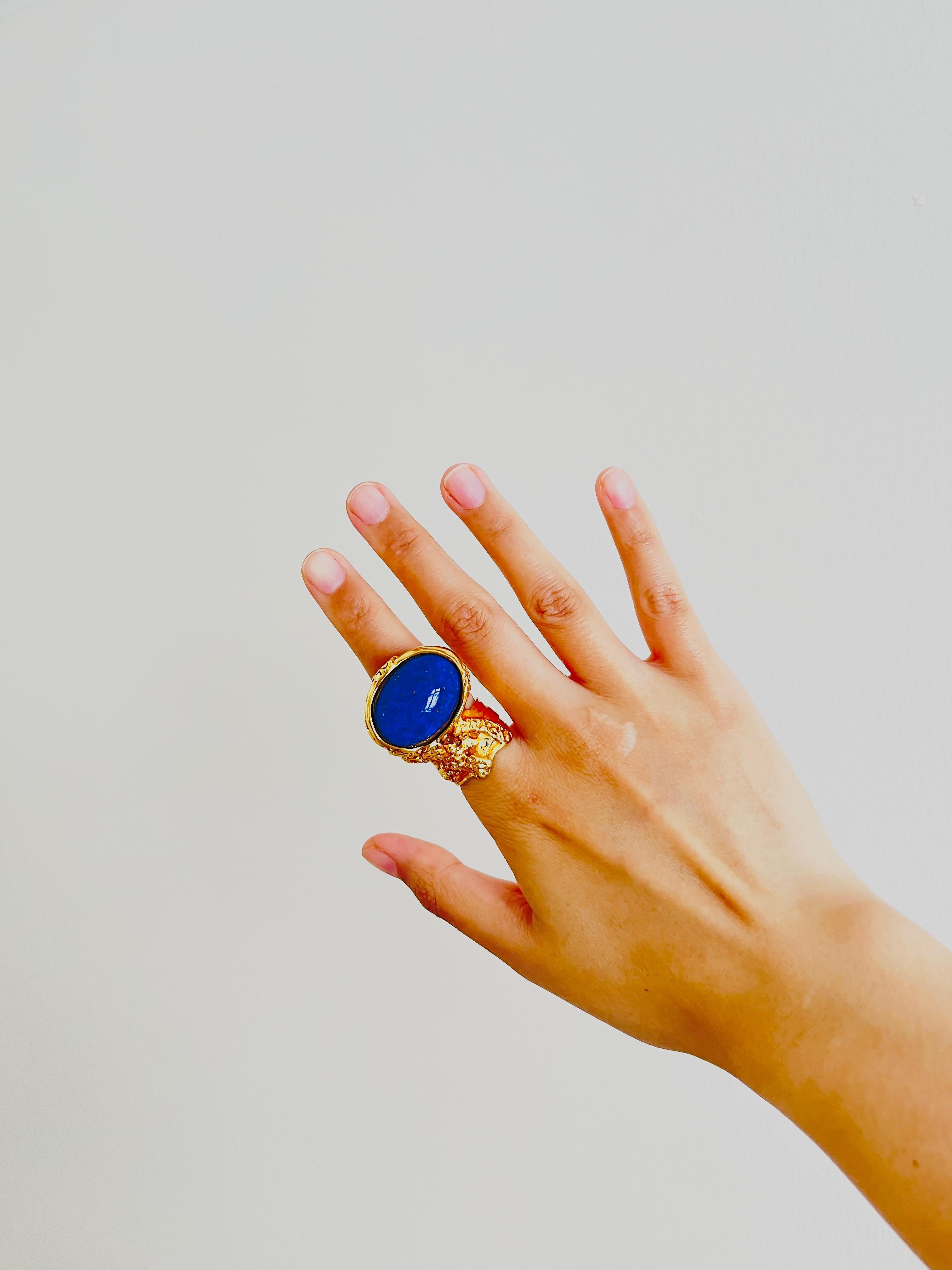 Yves Saint Laurent YSL Arty Blue Navy Cabochon Statement Chunky Ring, US 8, Gold In Excellent Condition In Wokingham, England