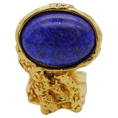 Vintage Yves Saint Laurent YSL Arty Blue Navy Cabochon Statement Chunky Ring, US 8, Gold