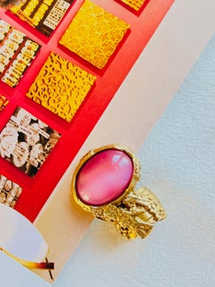 Yves Saint Laurent YSL Arty Cabochon Clear Pink Statement Chunky Gold Ring, US 5