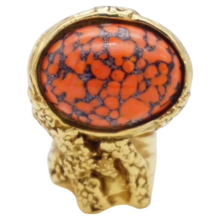 Yves Saint Laurent YSL Arty Cabochon Coral Orange Marble Chunky Gold Ring, US 7