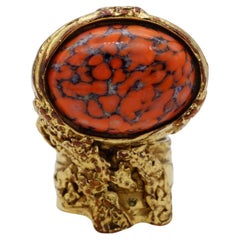 Yves Saint Laurent YSL Arty Cabochon Coral Statement Marble Chunky Ring, Size 7