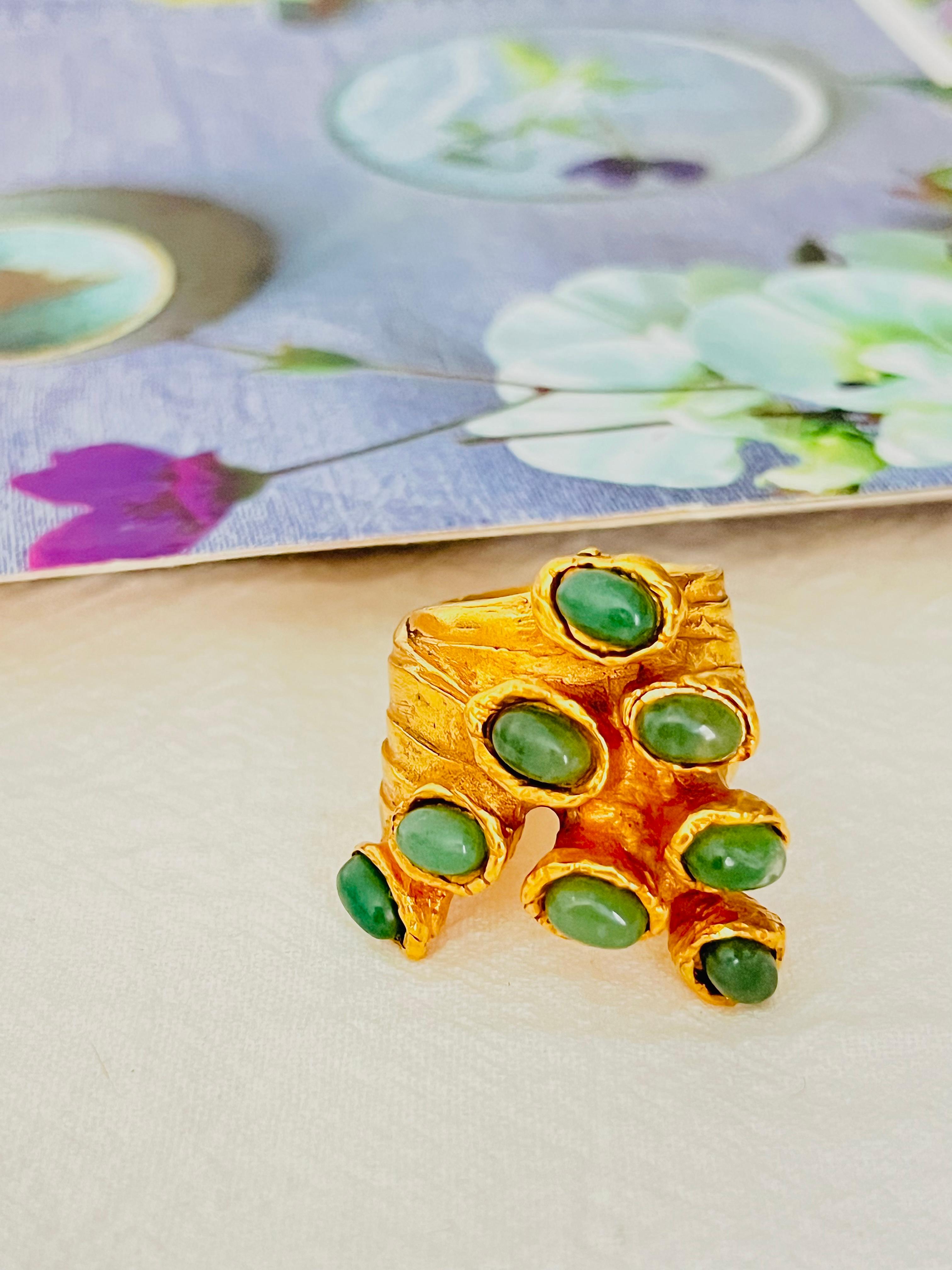 Yves Saint Laurent YSL Arty Cabochon Green Emerald Dots Chunky Gold Ring, Size 6 In Excellent Condition In Wokingham, England