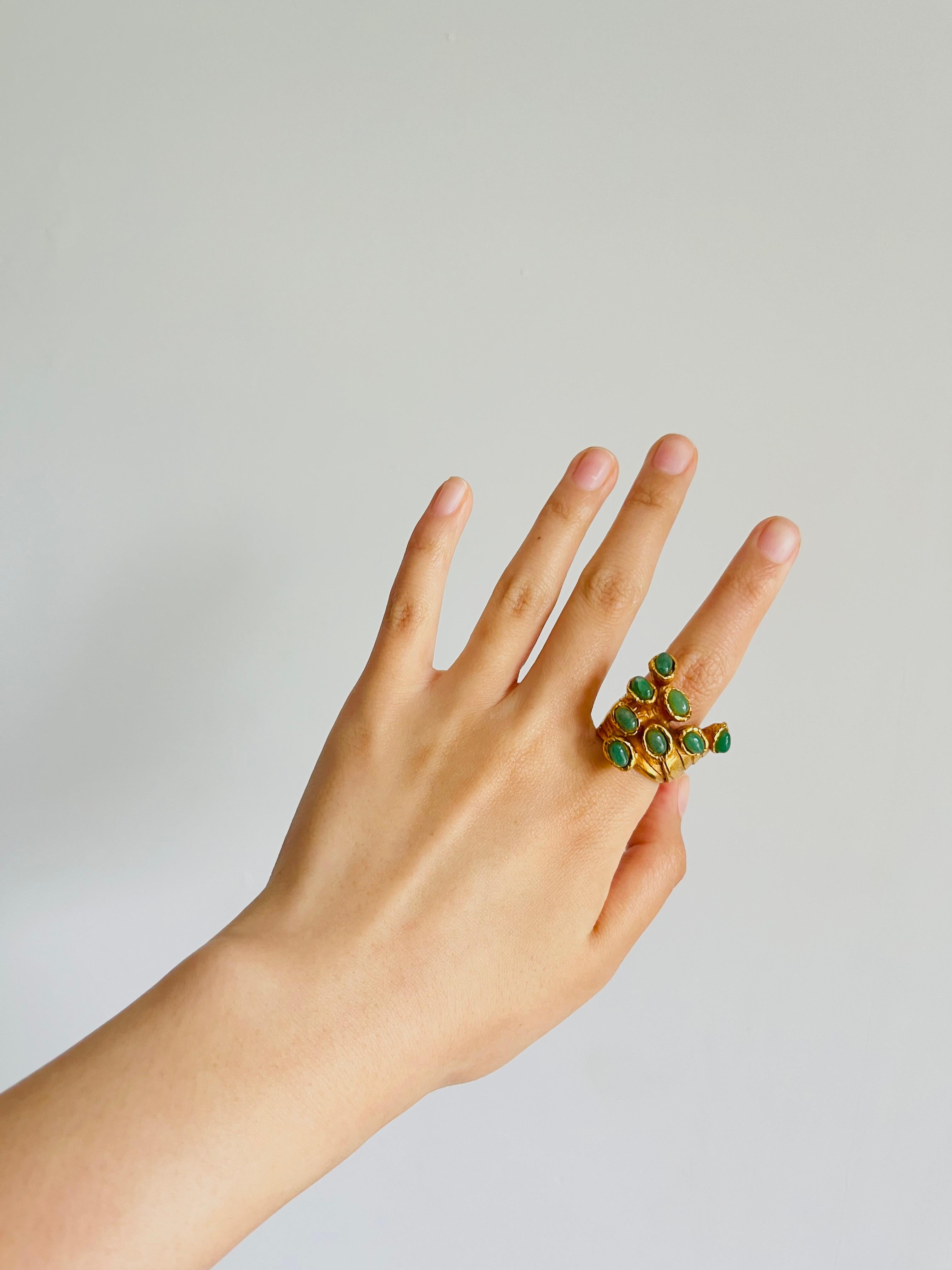 Women's or Men's Yves Saint Laurent YSL Arty Cabochon Green Emerald Dots Chunky Gold Ring, Size 6