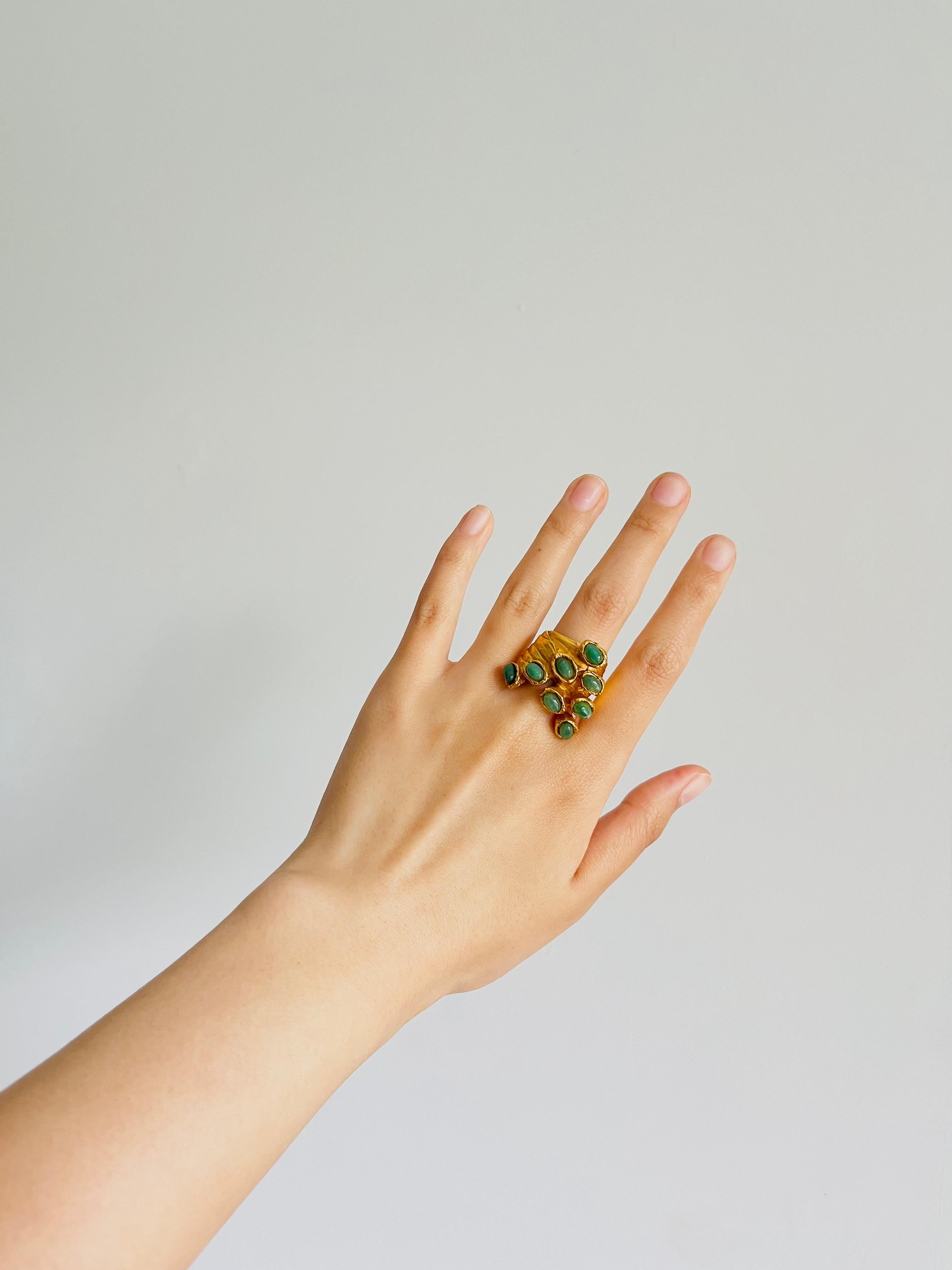 Yves Saint Laurent YSL Arty Cabochon Green Emerald Dots Chunky Gold Ring, Size 6 1