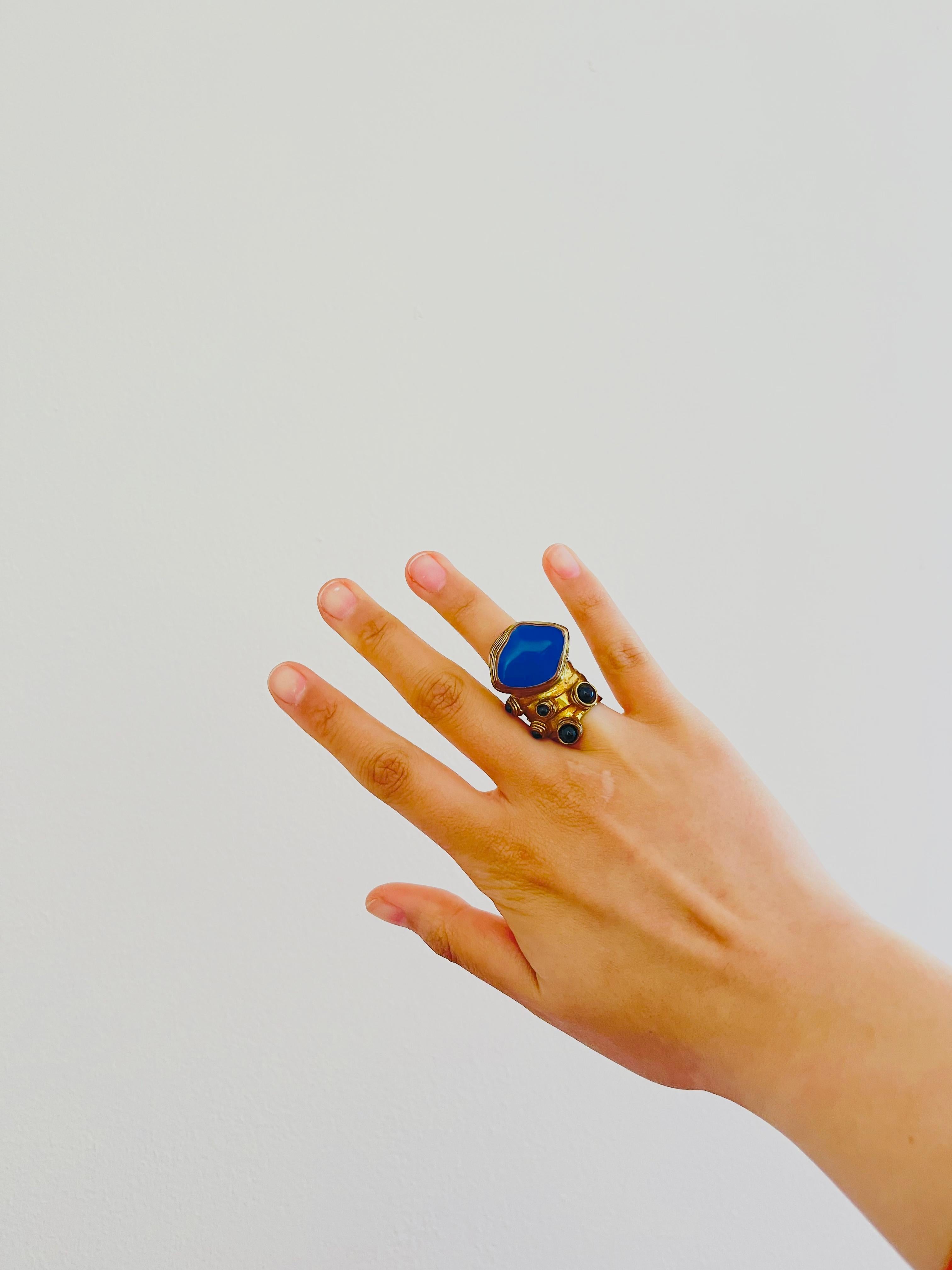 Art Nouveau Yves Saint Laurent YSL Arty Cabochon Navy Black Dot Chunky Statement Ring