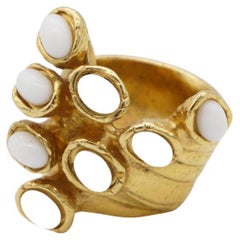 Yves Saint Laurent YSL Arty Cabochon White Dots Enamel Chunky Gold Ring, Size 7