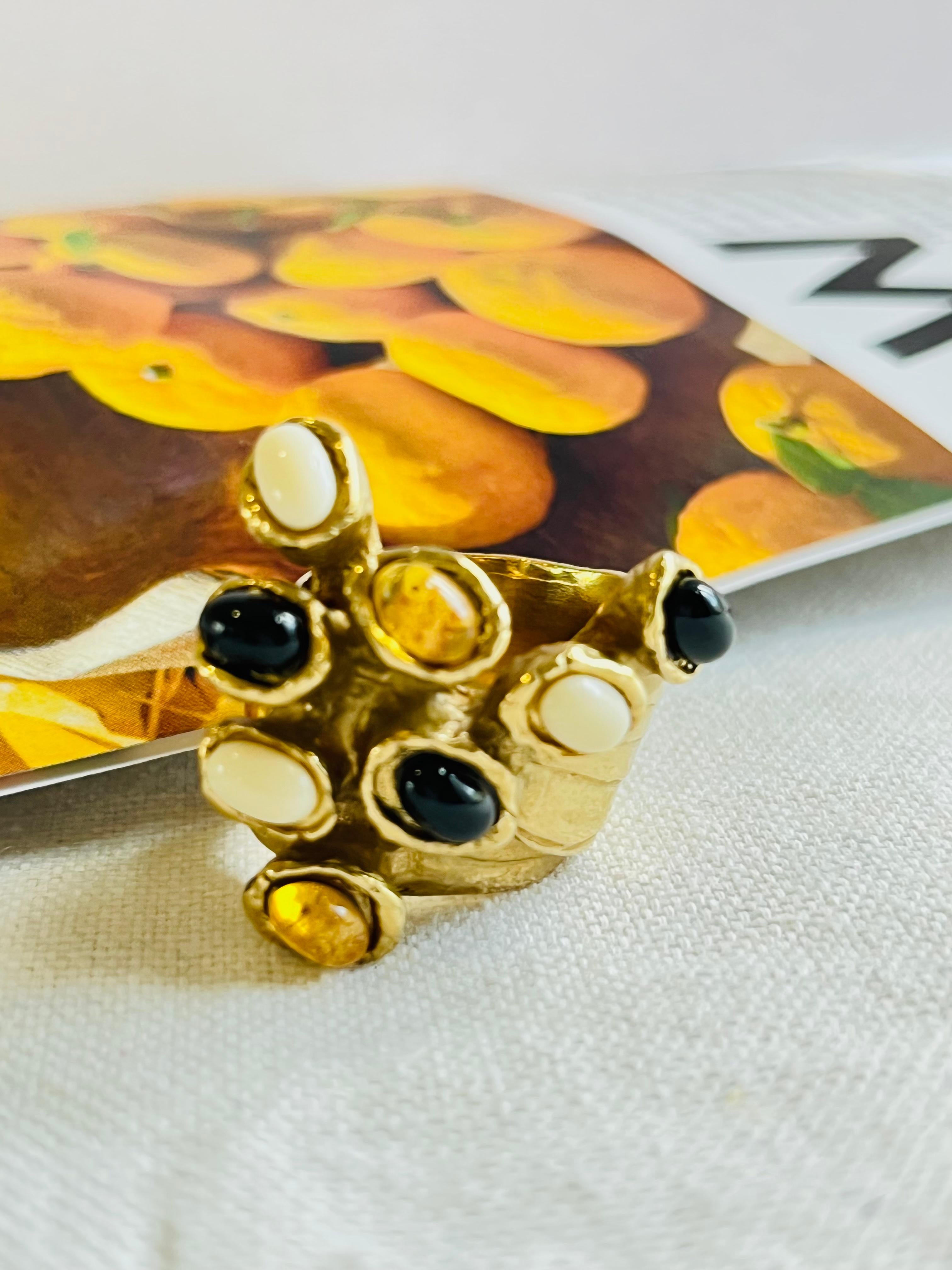 Art Deco Yves Saint Laurent YSL Arty Cabochon Yellow Black White Chunky Gold Ring, Size 6 For Sale
