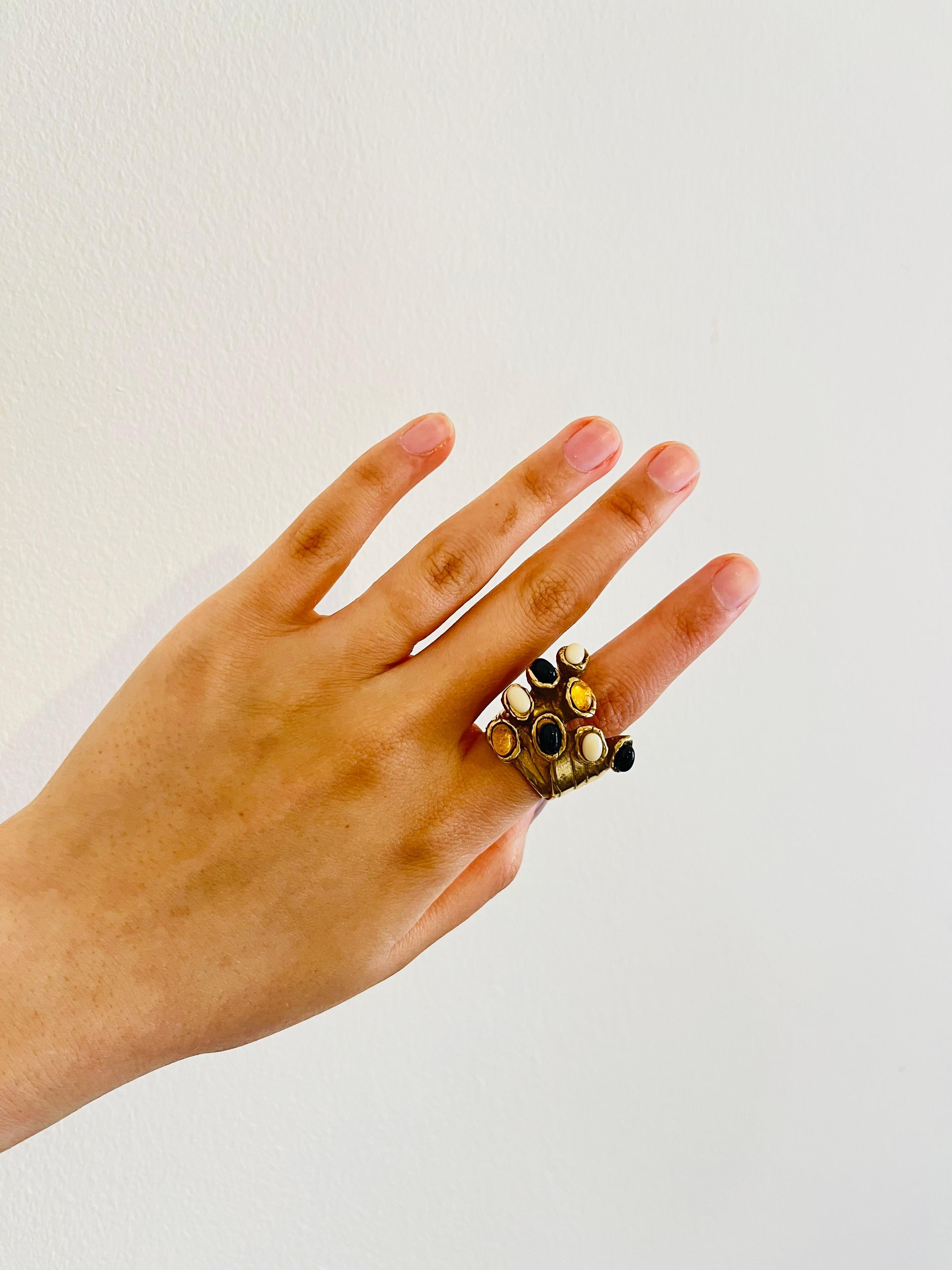 Yves Saint Laurent YSL Arty Cabochon Yellow Black White Chunky Gold Ring, Size 6 For Sale 1