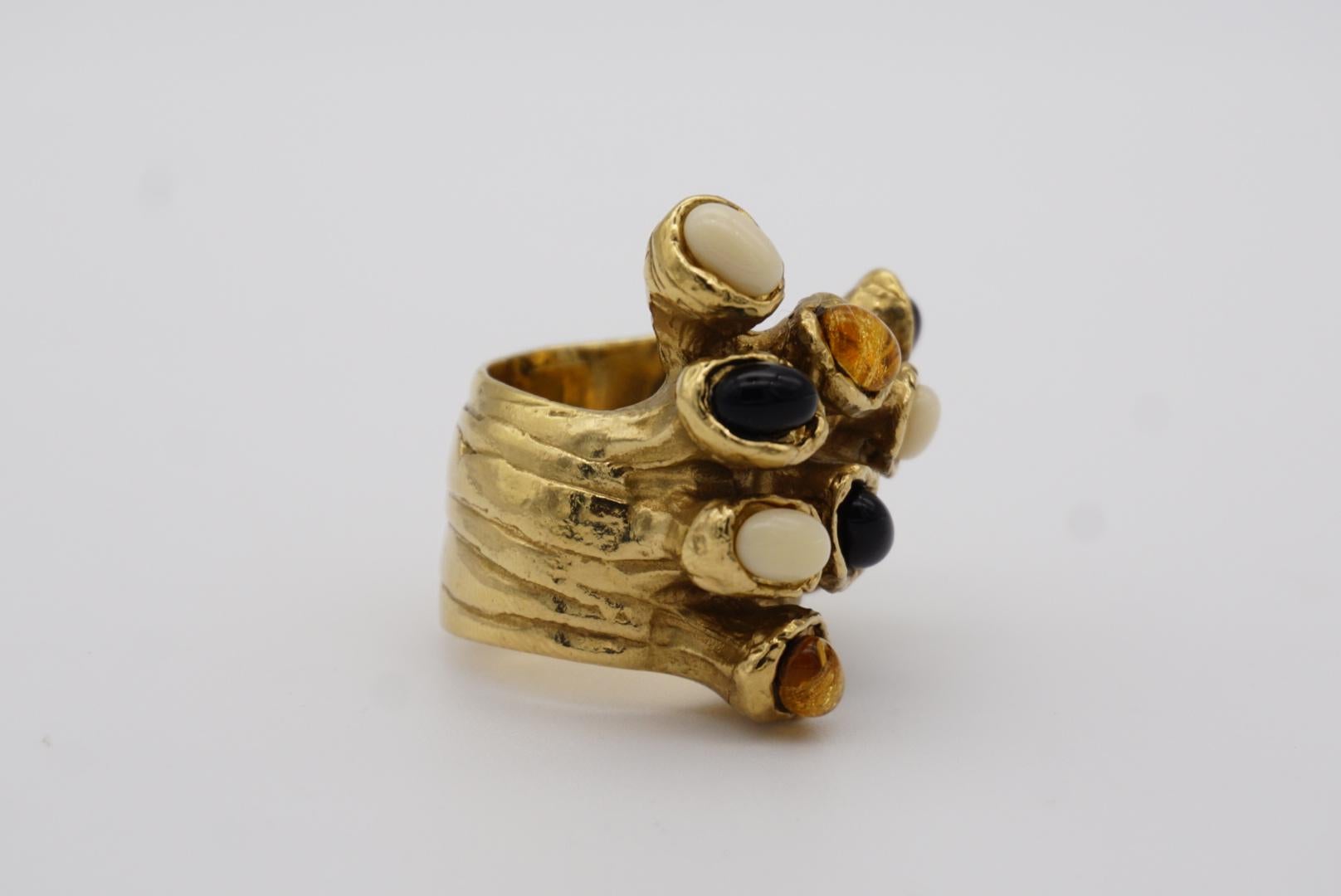 Yves Saint Laurent YSL Arty Cabochon Yellow Black White Chunky Gold Ring, Size 6 For Sale 1