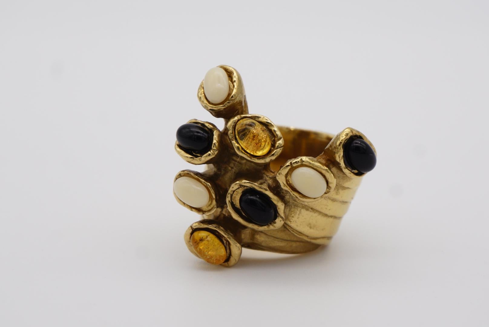 Yves Saint Laurent YSL Arty Cabochon Yellow Black White Chunky Gold Ring, Size 6 For Sale 4