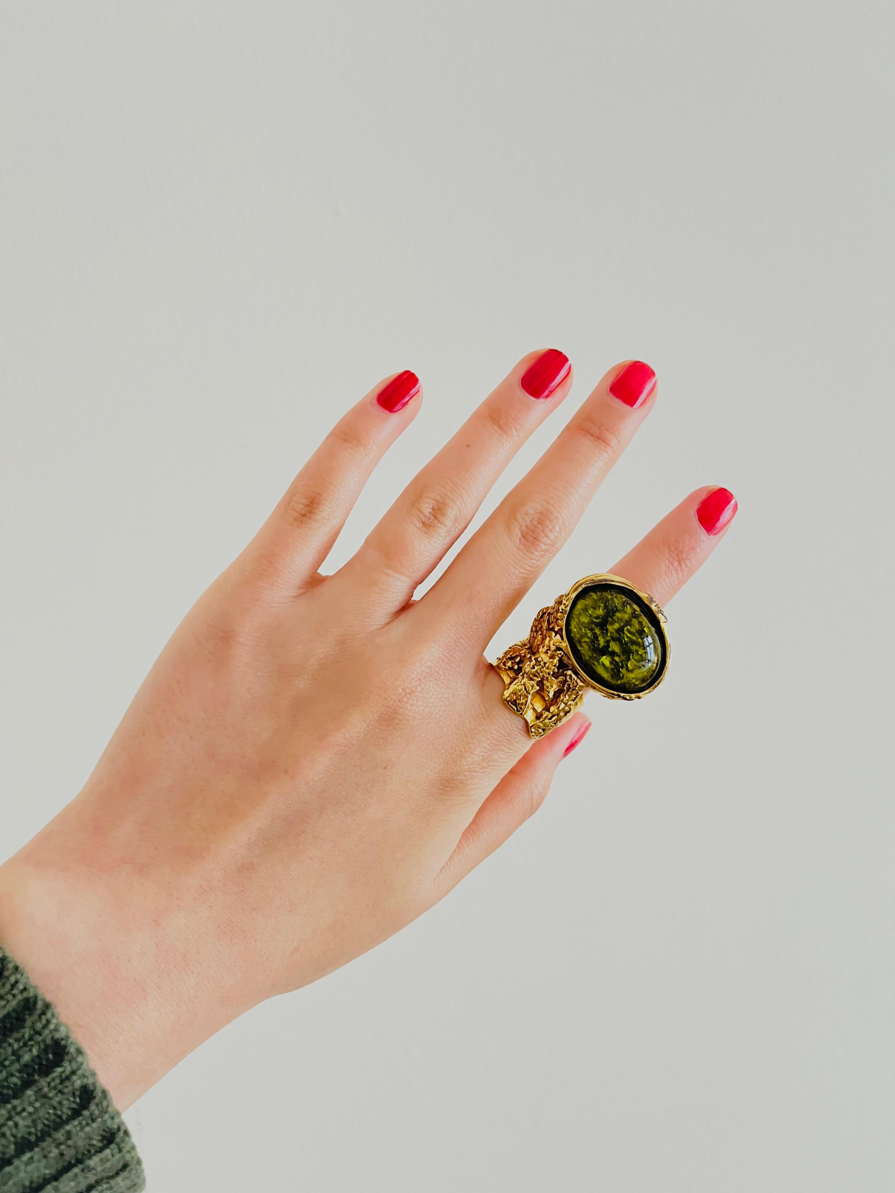 Art Nouveau Yves Saint Laurent YSL Arty Clear Green Yellow Cabochon Statement Ring, Size 7